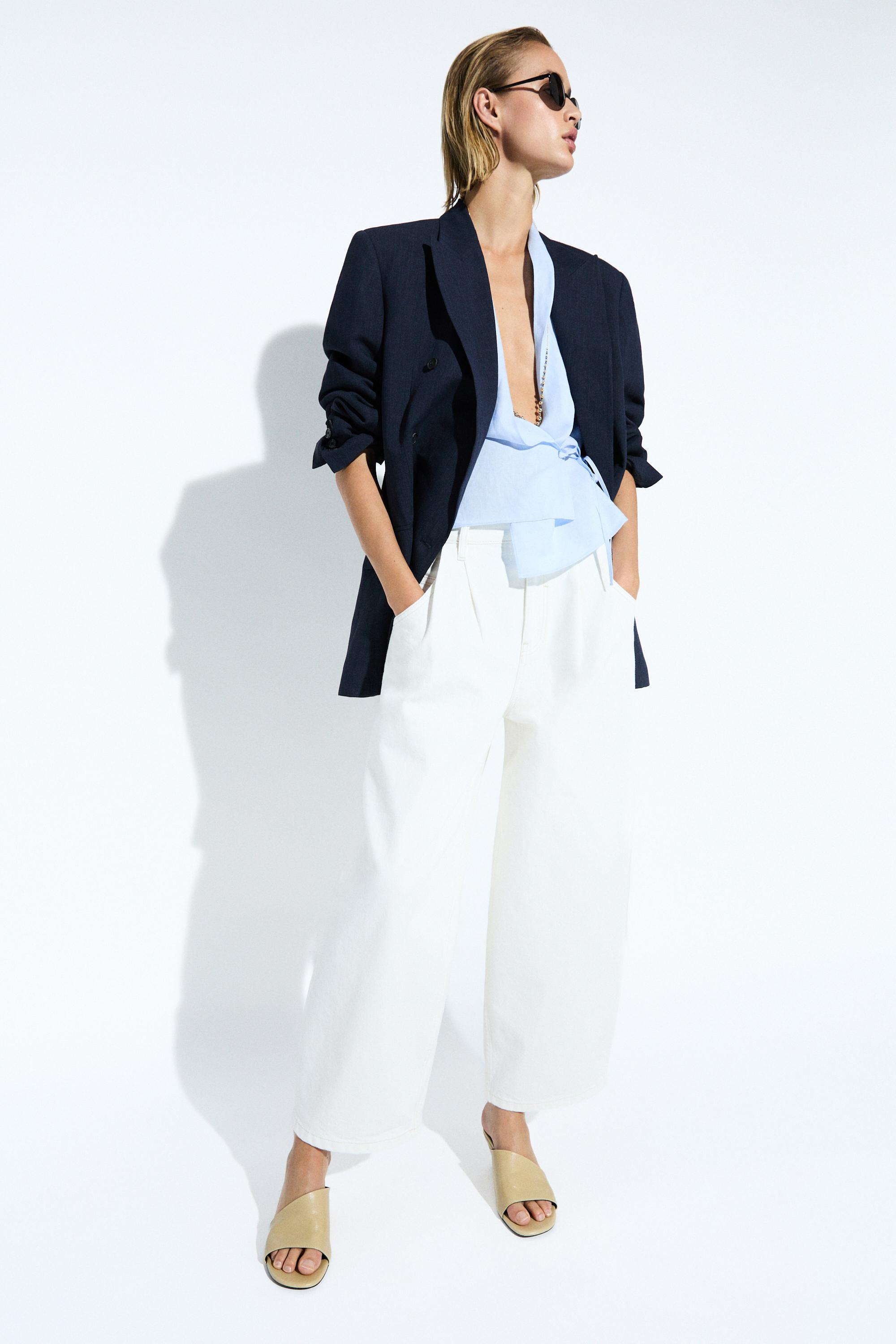 Melange linen blend double-breasted blazer — NAVY BLUE