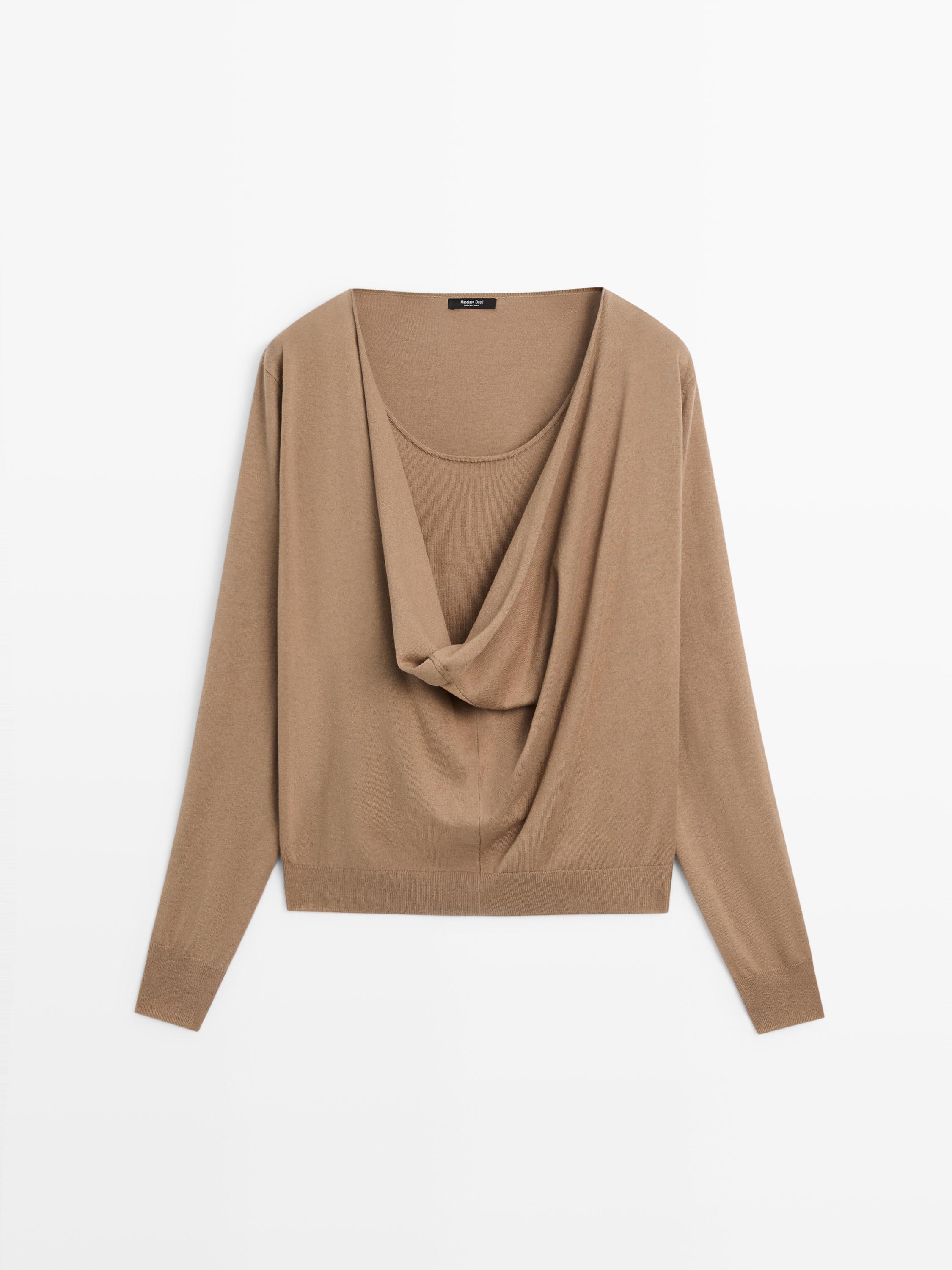 Cotton blend knit sweater with cowl neck