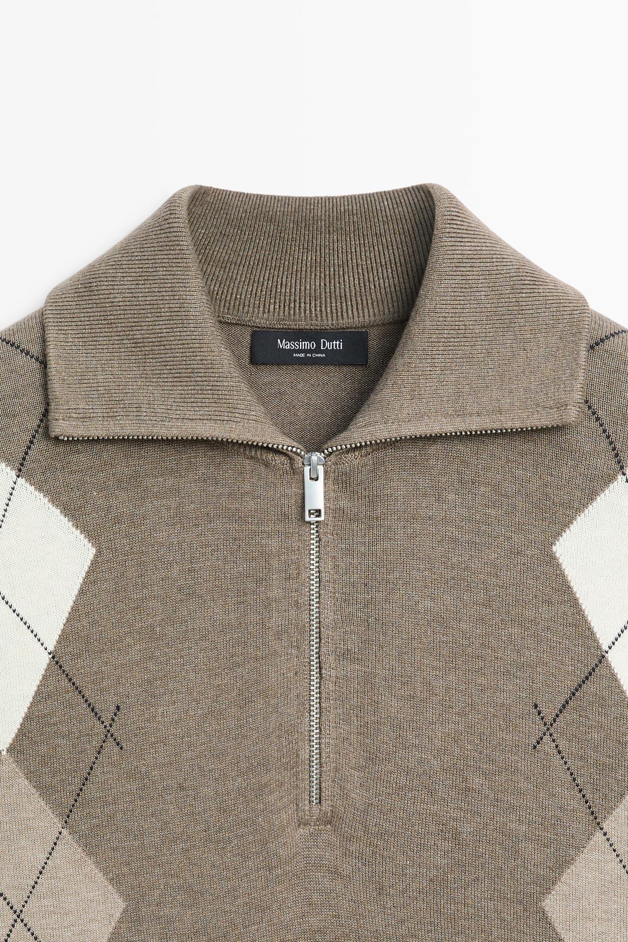 Argyle quarter-zip knit sweater — KHAKI