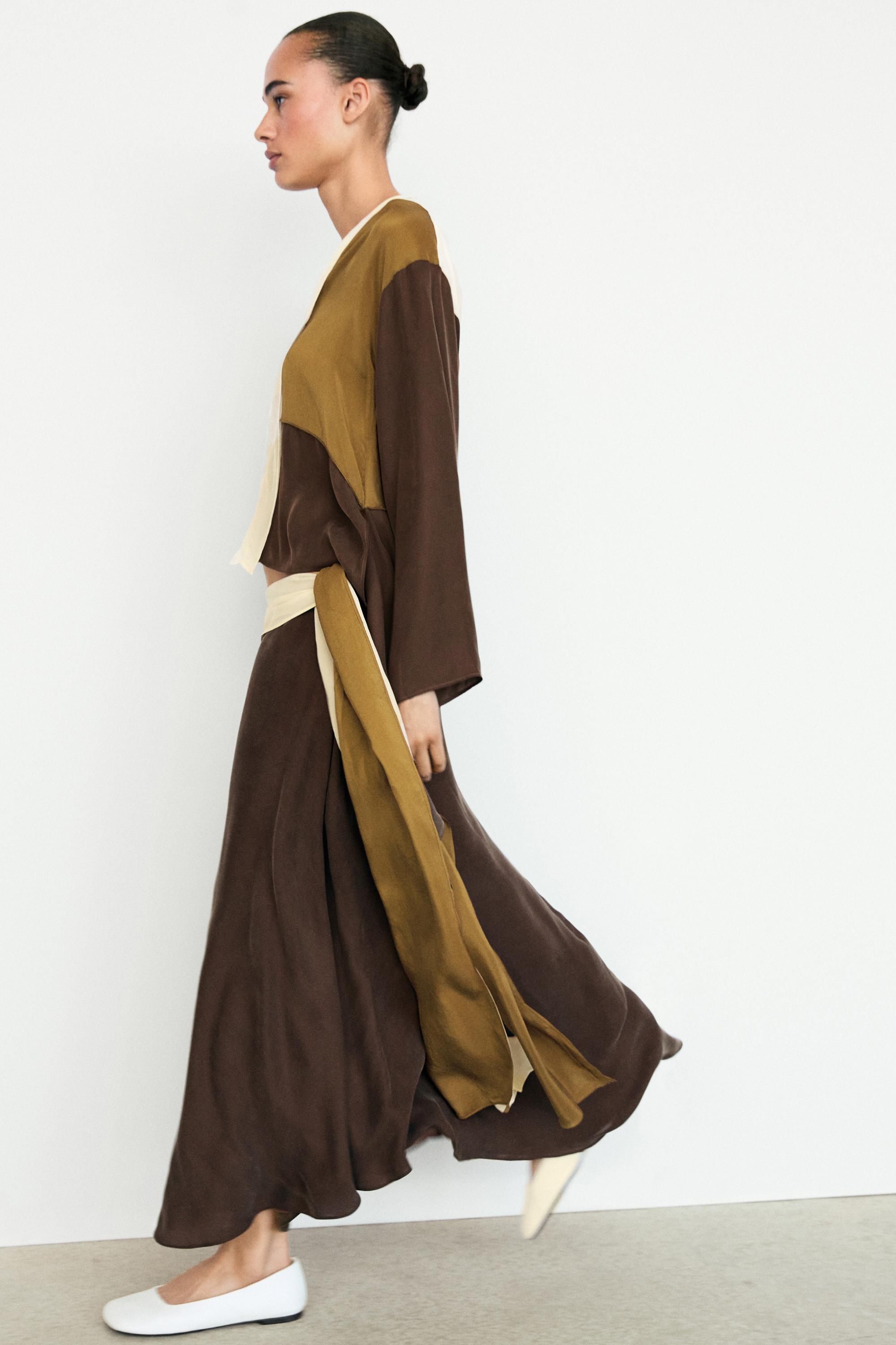 Contrast Ruffle Midi Skirt — BROWN