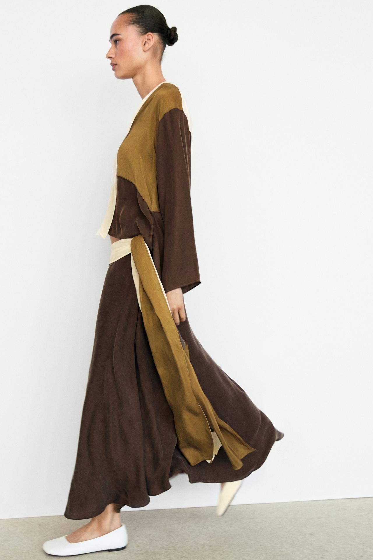 Contrast Ruffle Midi Skirt — BROWN
