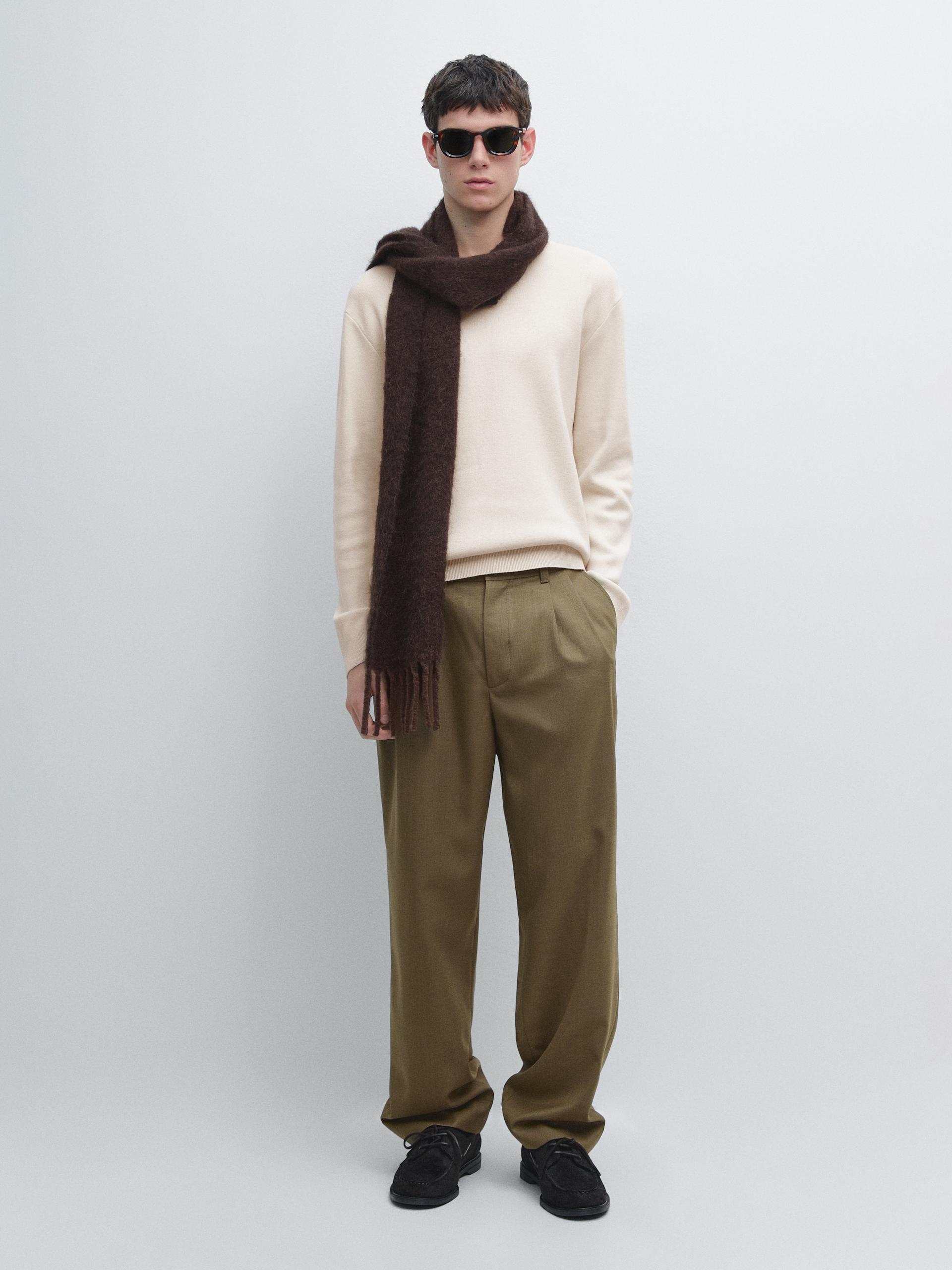 Sweter Ze 100% Bawełny Z Okrągłym Dekoltem - Waniliowy - M - Massimo Dutti - Mężczyzna