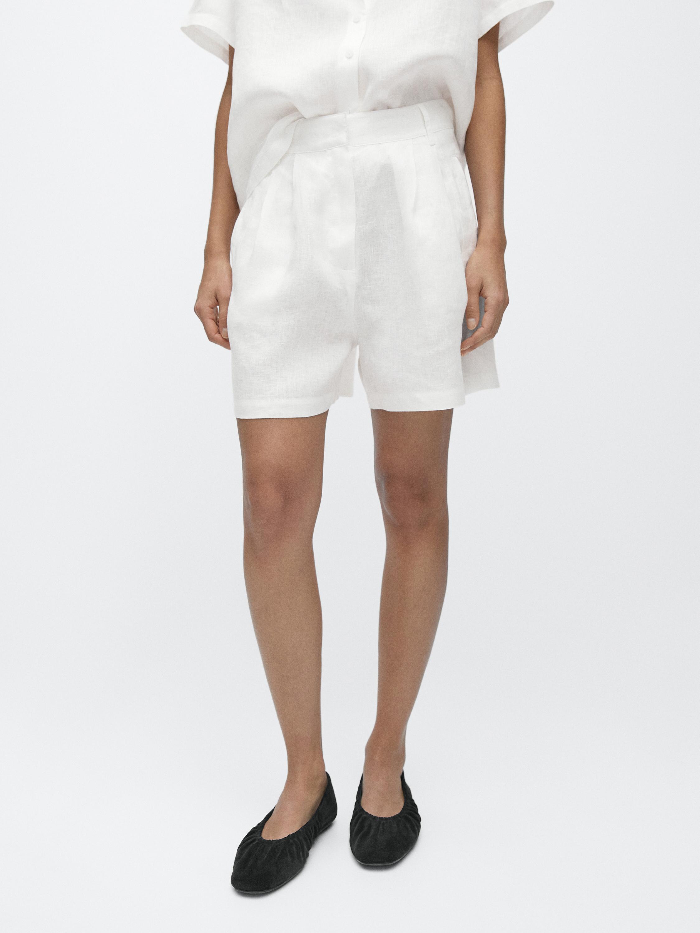 100% linen long Bermuda shorts with darts — WHITE