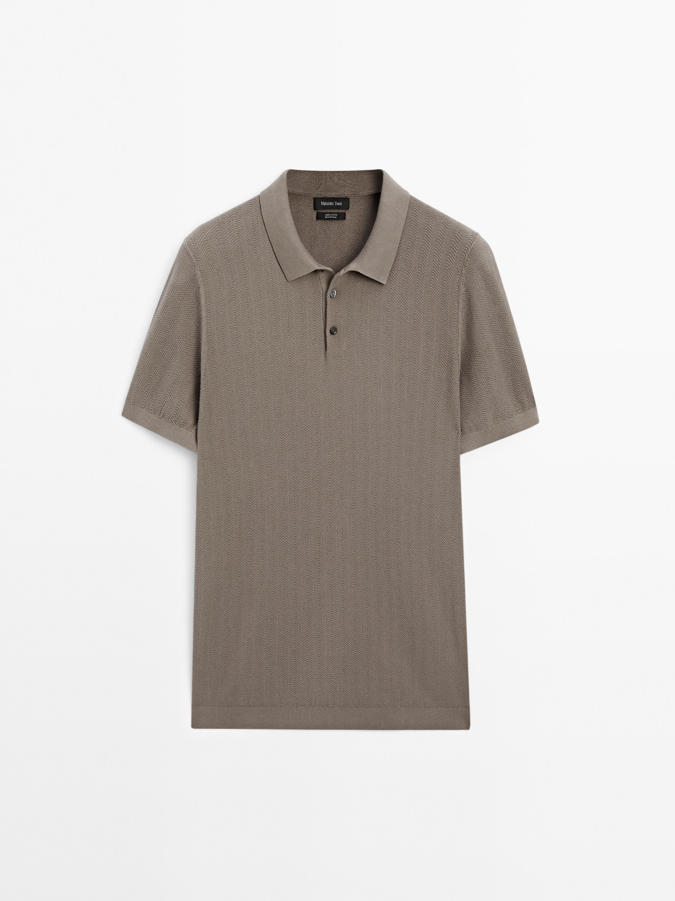 Cotton herringbone knit polo sweater