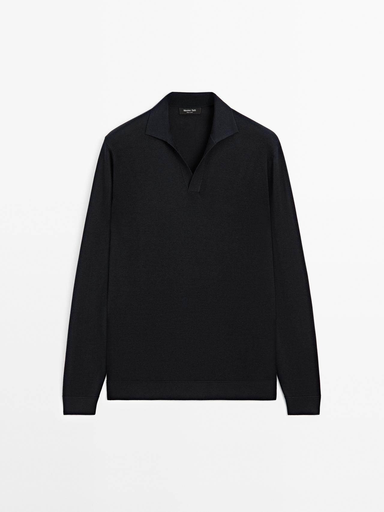 Massimo Dutti - Herre - Strikket Trøje Med Polokrave - Marineblå - Xl