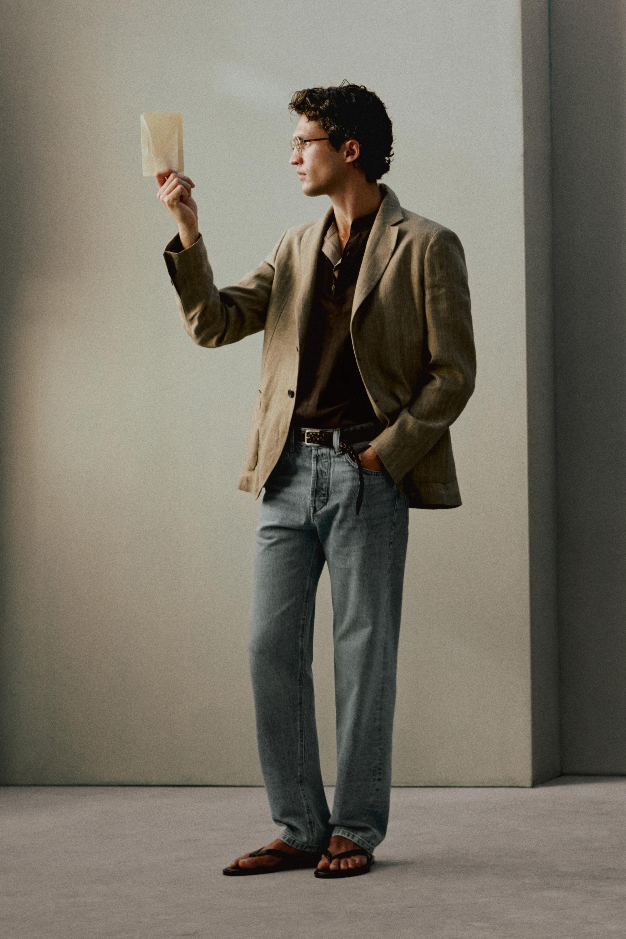 Linen herringbone stripe blazer — BEIGE