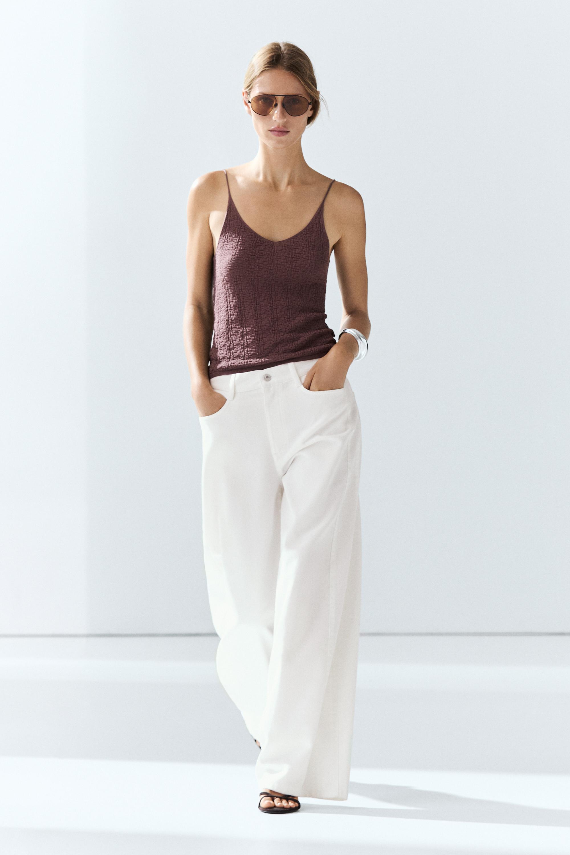 100% cotton textured strappy top — PINK MARL