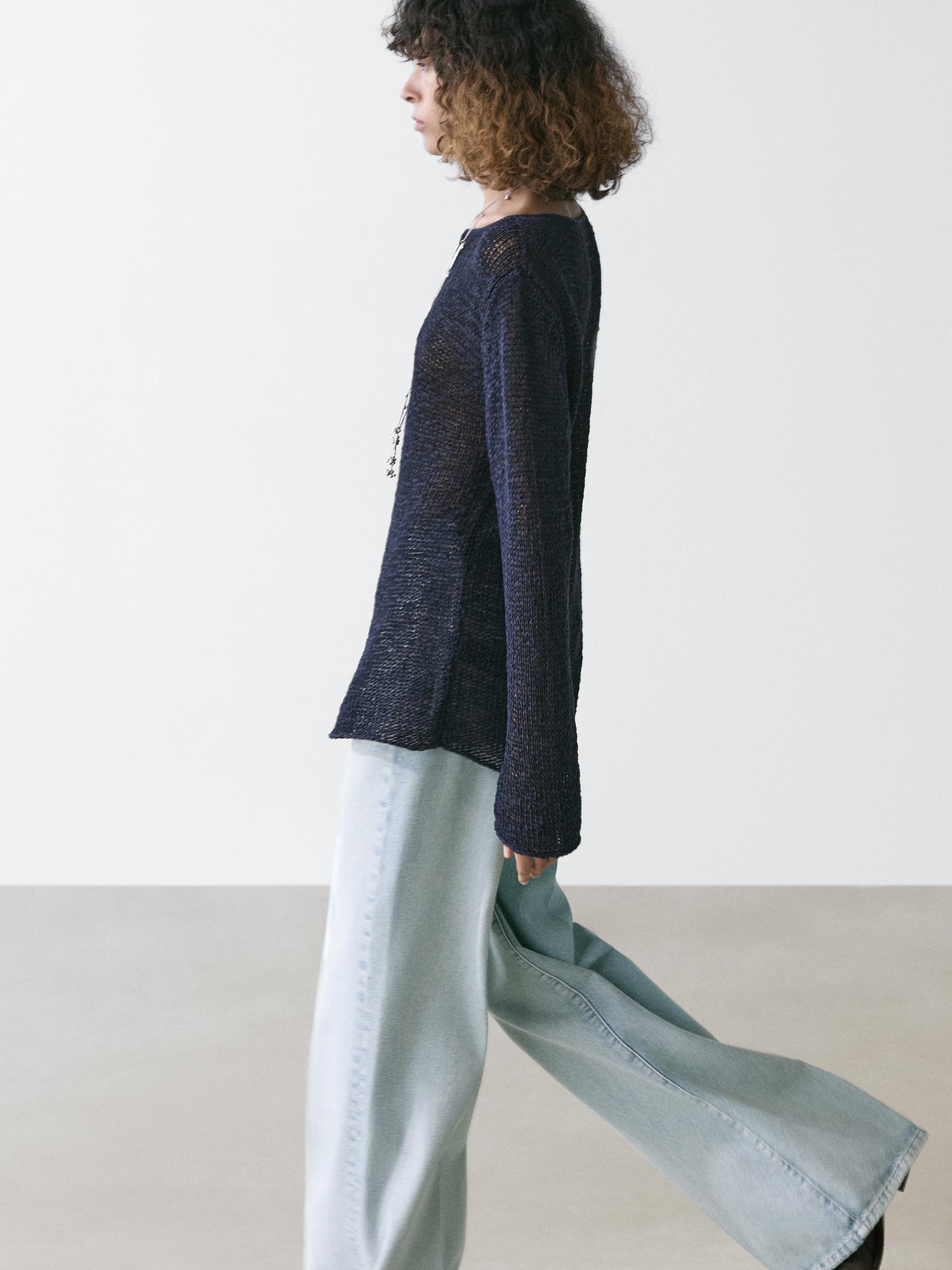 Cotton blend knit boat neck sweater — Dark Blue