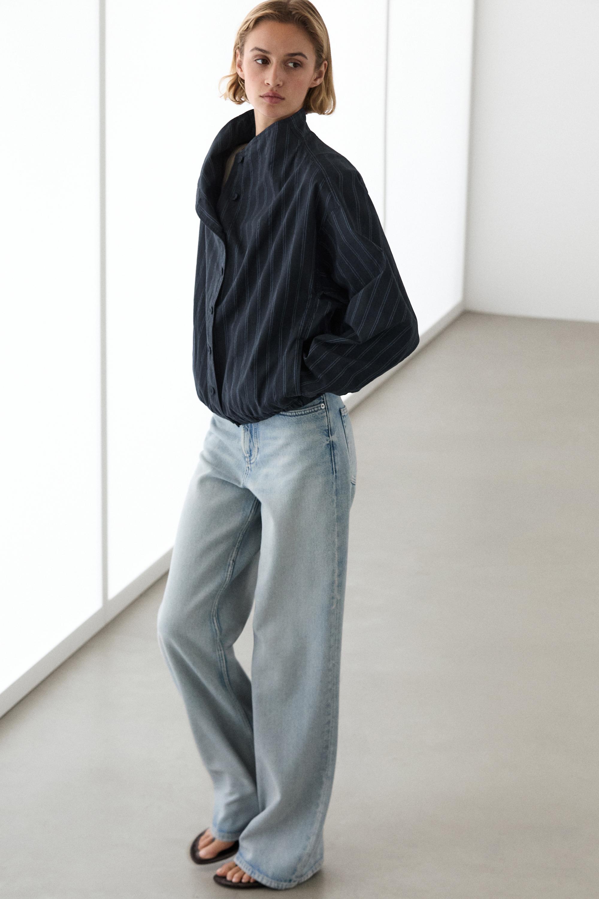 Striped high neck bomber jacket — DARK BLUE
