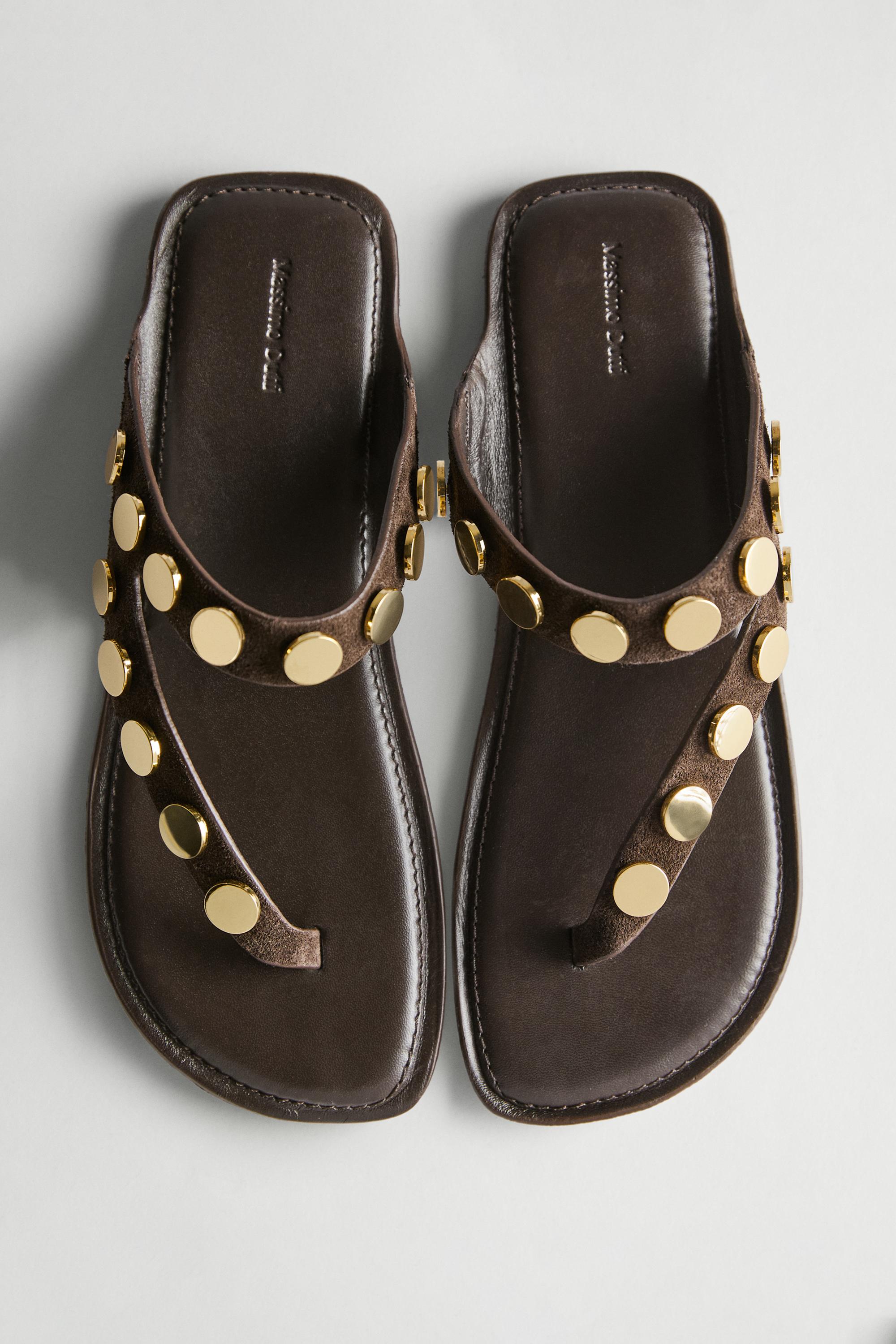 Metallic studded flat sandals — BROWN