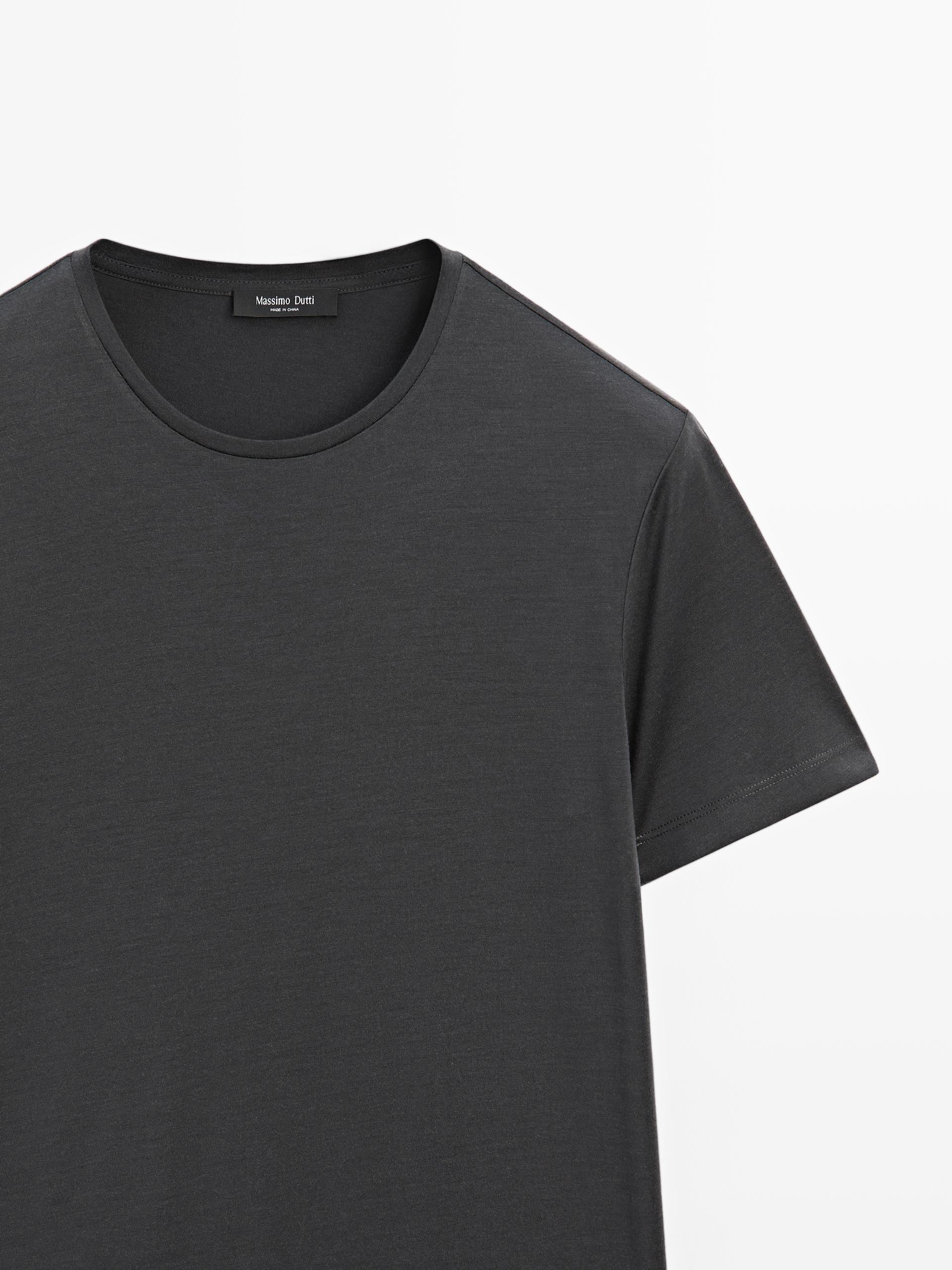 Massimo Dutti - Herre - Kortærmet T-Shirt I Uldblanding - Bly Blå - L