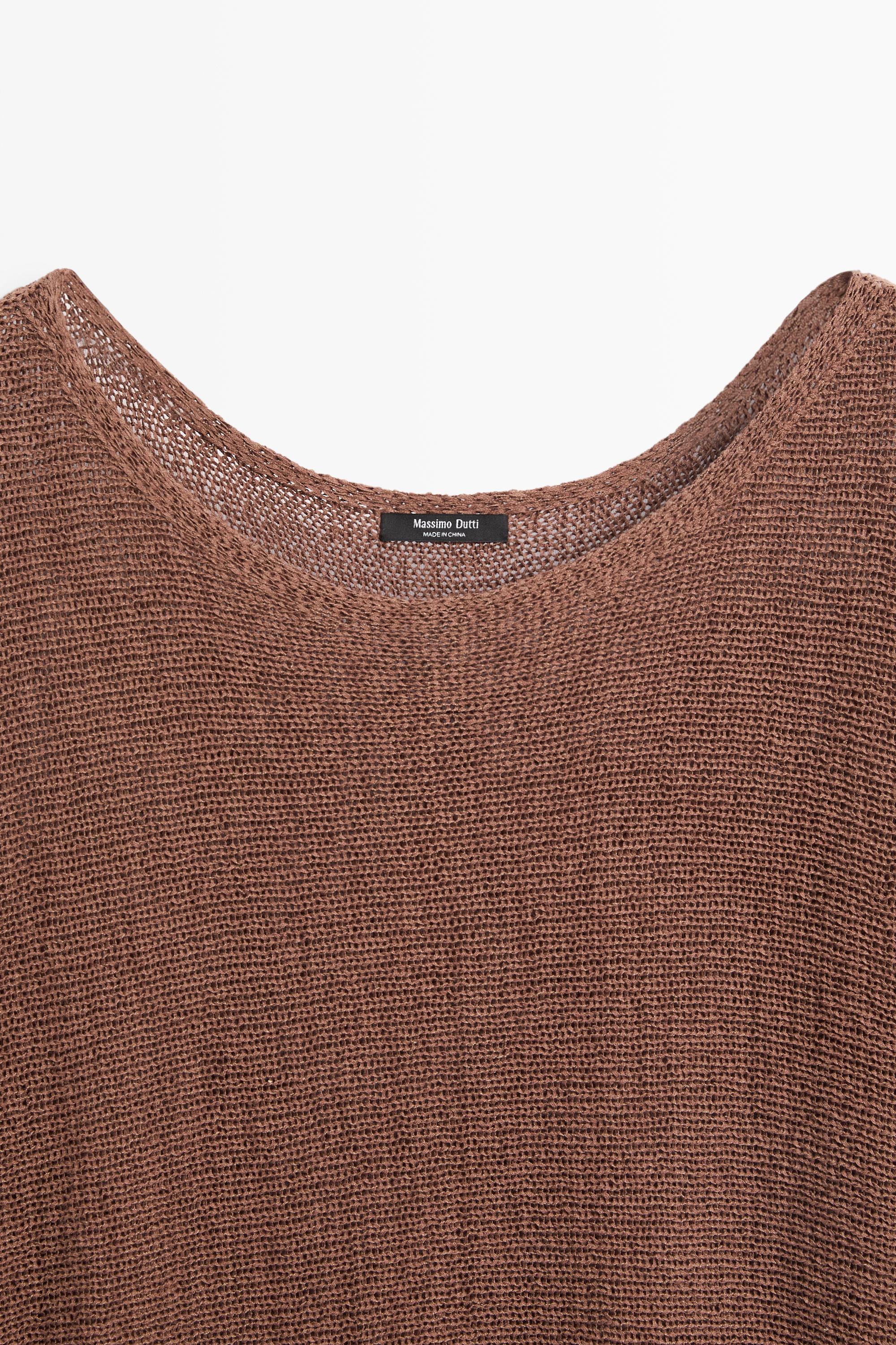 Cotton blend knit sweater with belt — BROWN