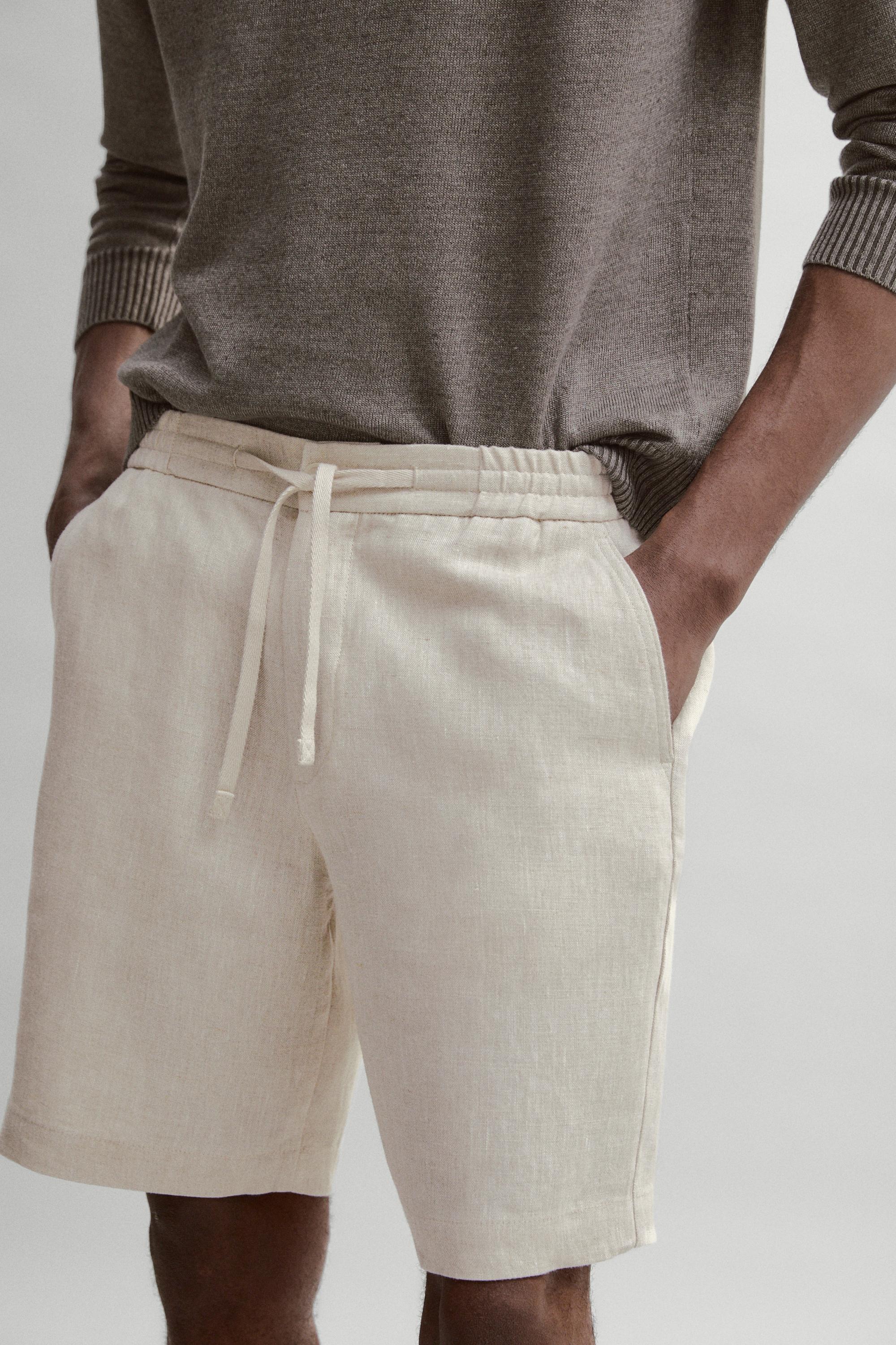 Linen Bermuda shorts with elasticated waistband — CREAM