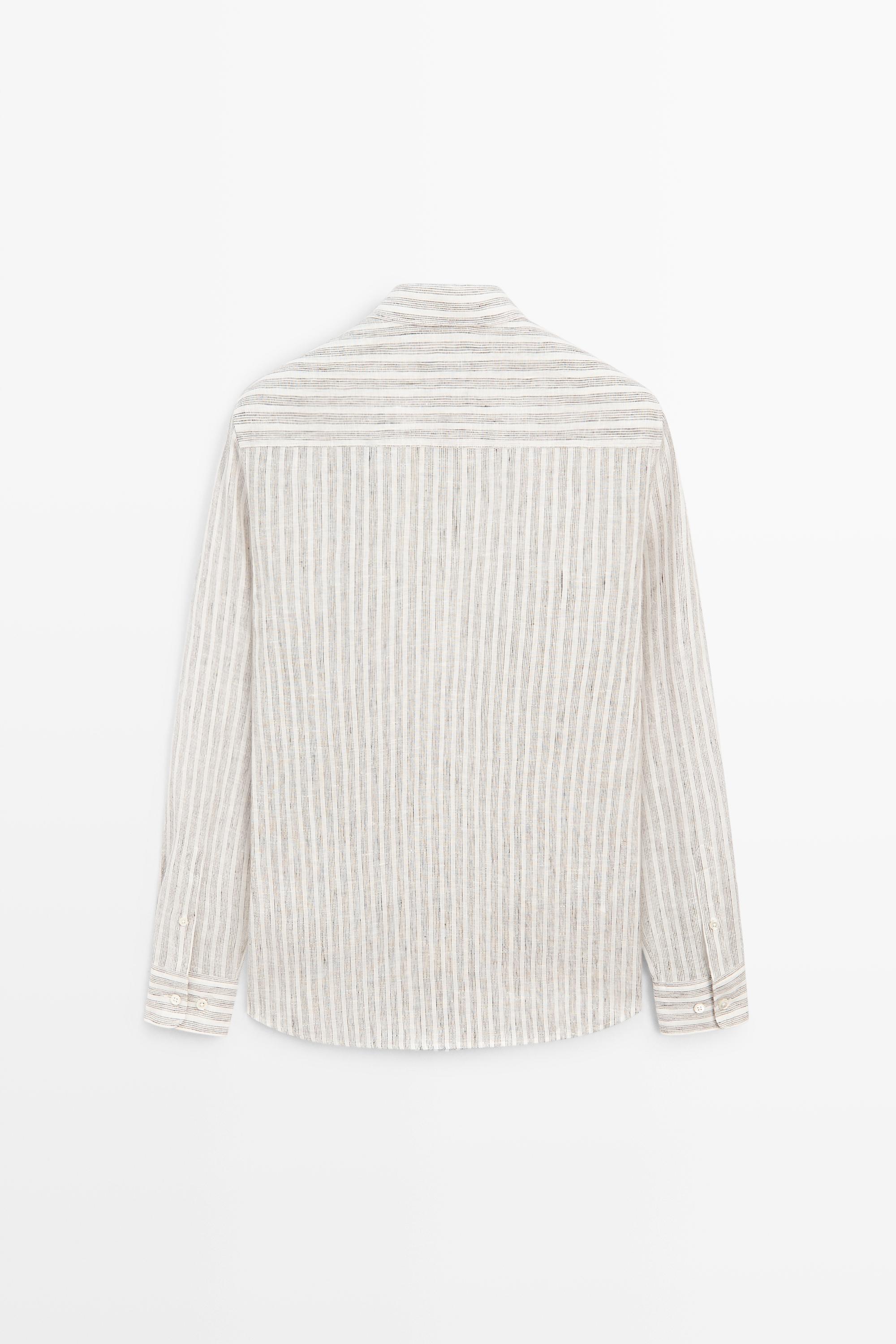 100% linen regular fit striped shirt — BROWN