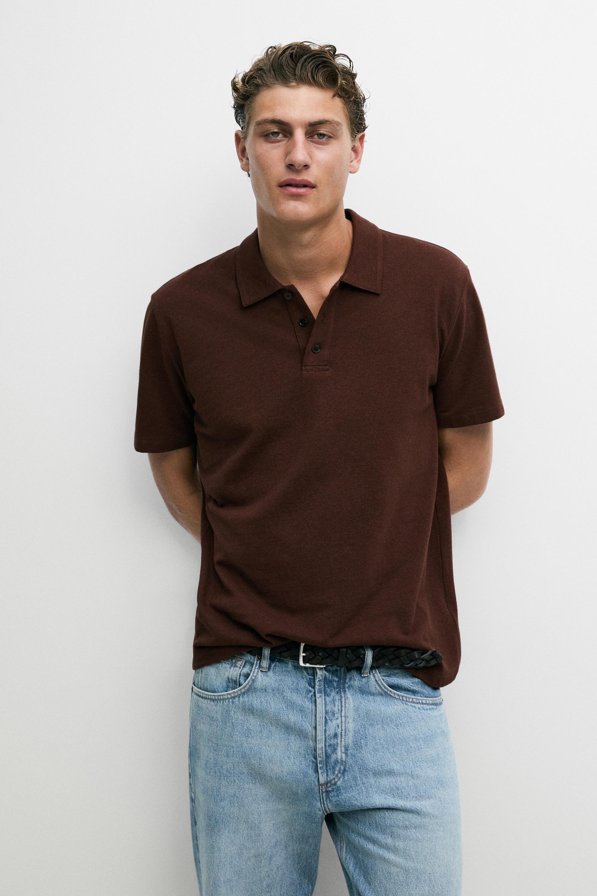 Micro-textured cotton blend polo shirt — Russet Brown