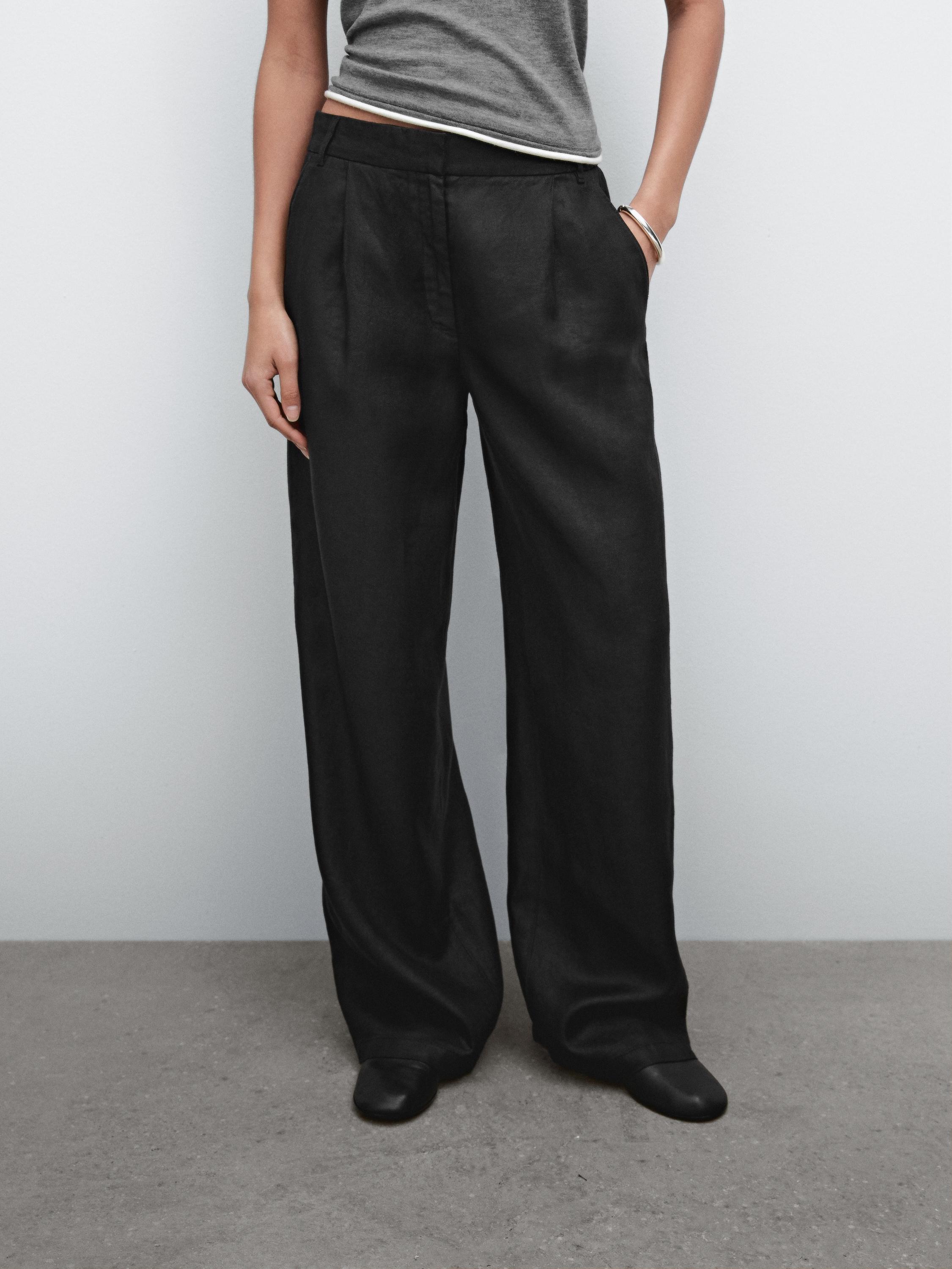 100% linen wide-leg elastic detail trousers