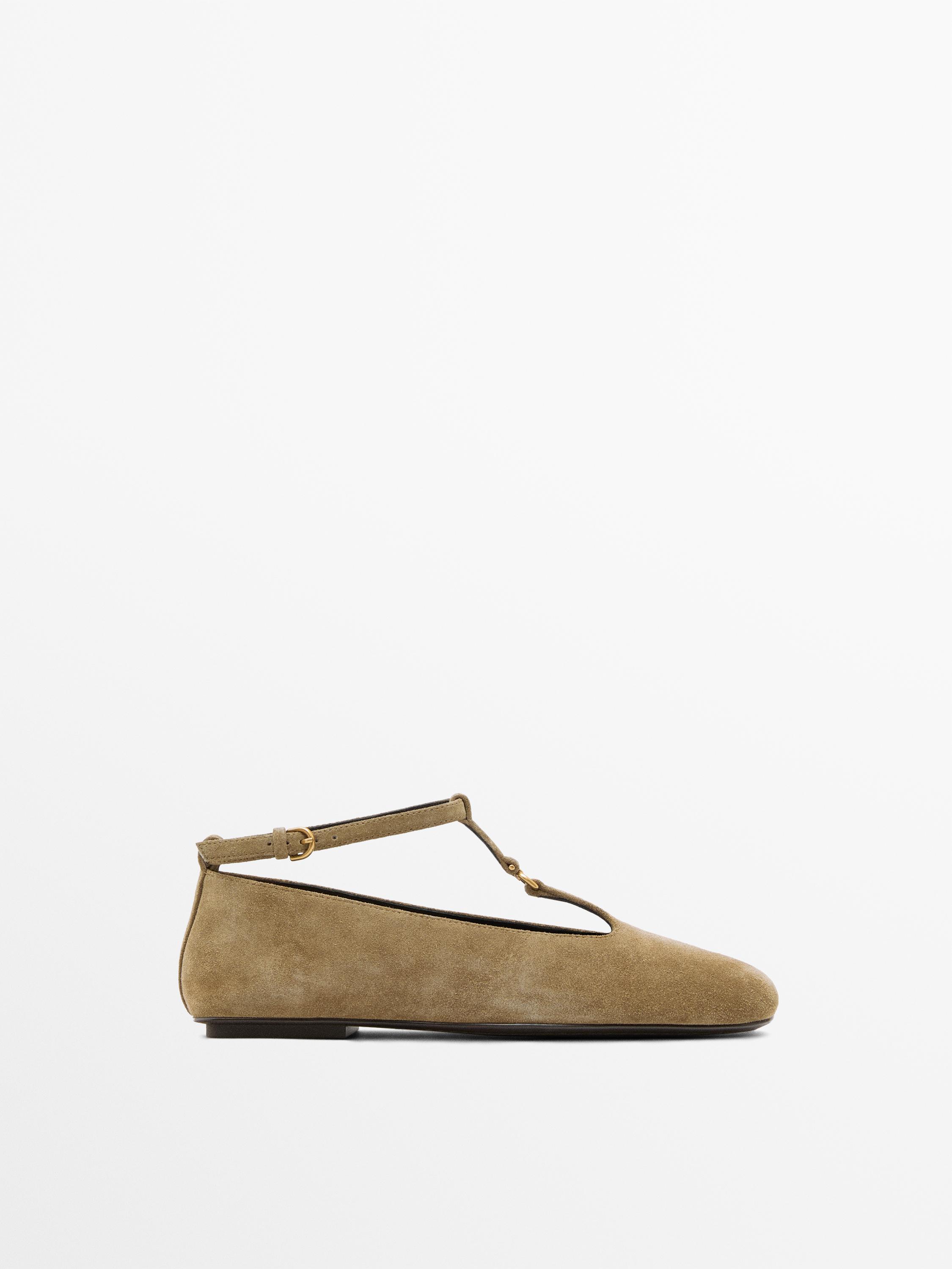 Split suede ballet flats with instep strap — TAUPE