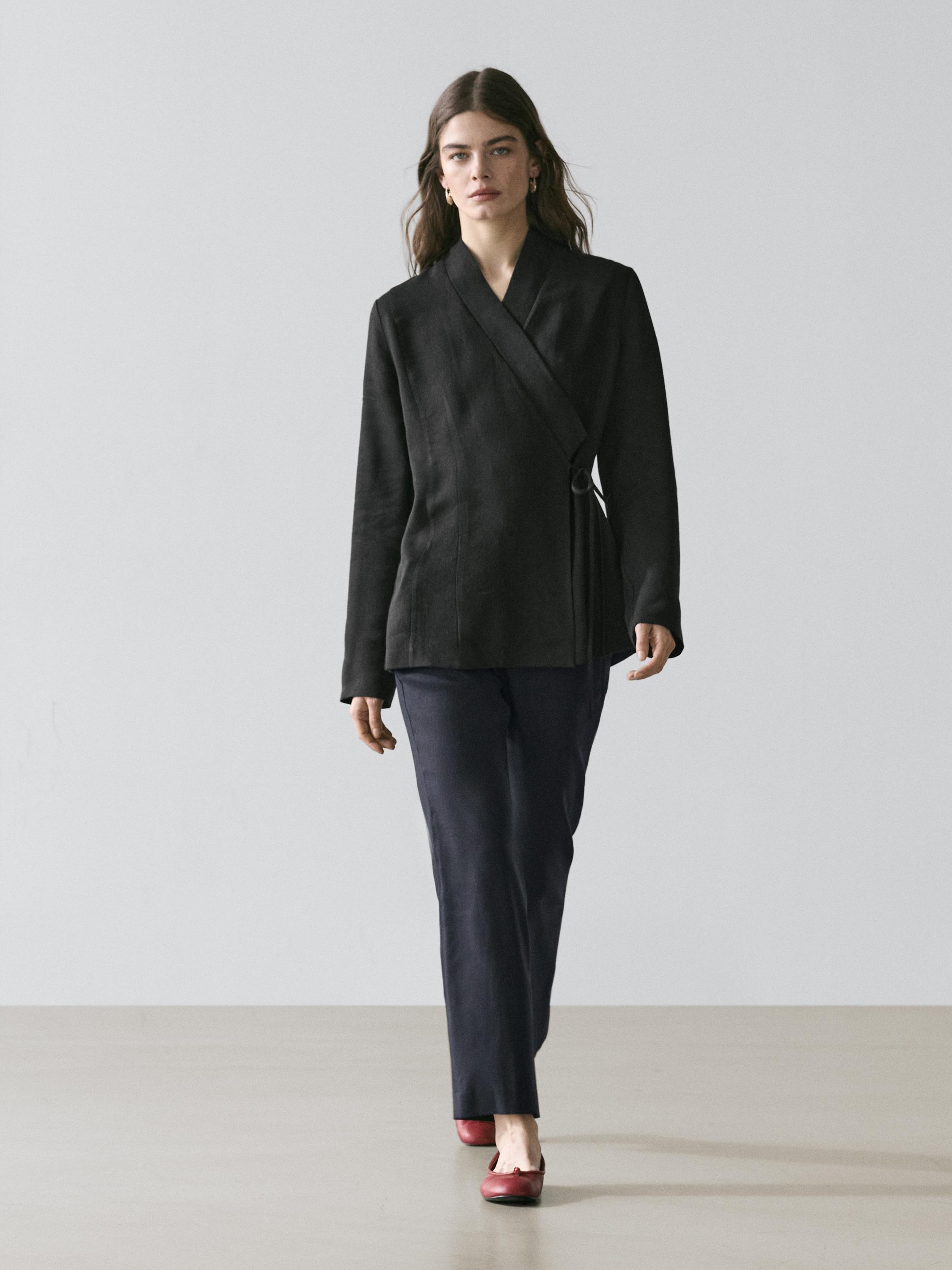 Straight-leg linen blend trousers — NAVY BLUE