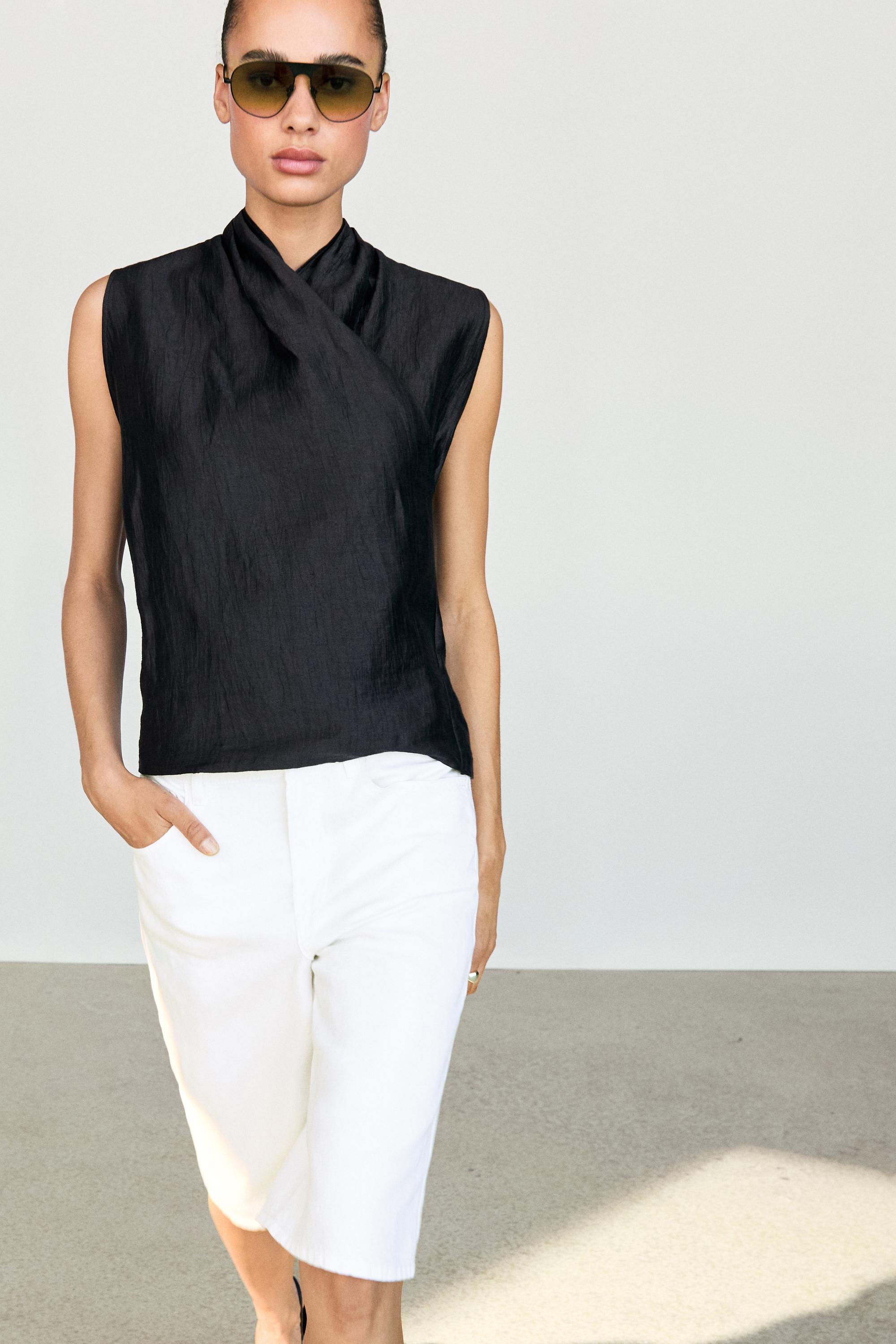 Linen blend sleeveless crossover top — NAVY BLUE