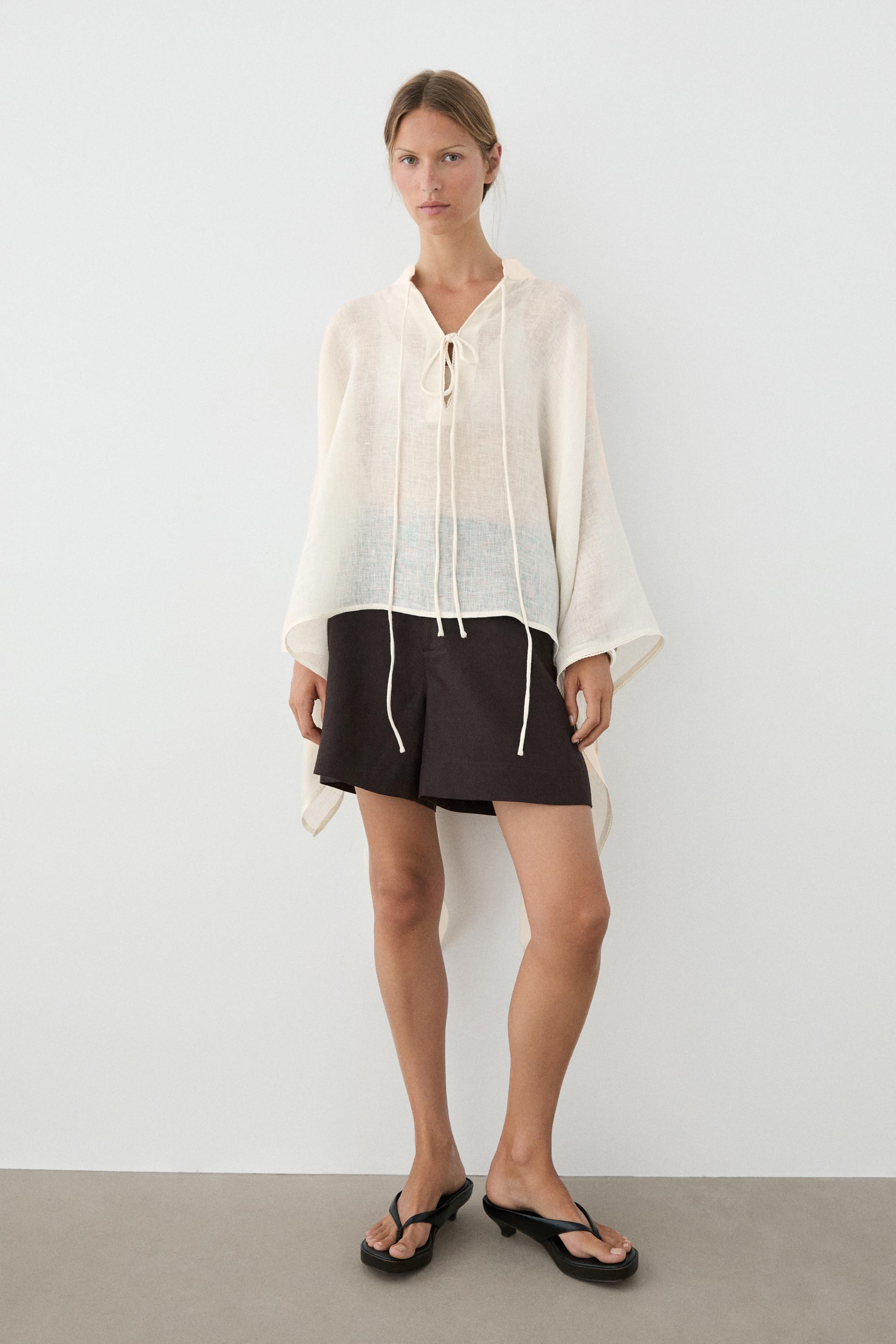 100% linen stand collar cape — CREAM