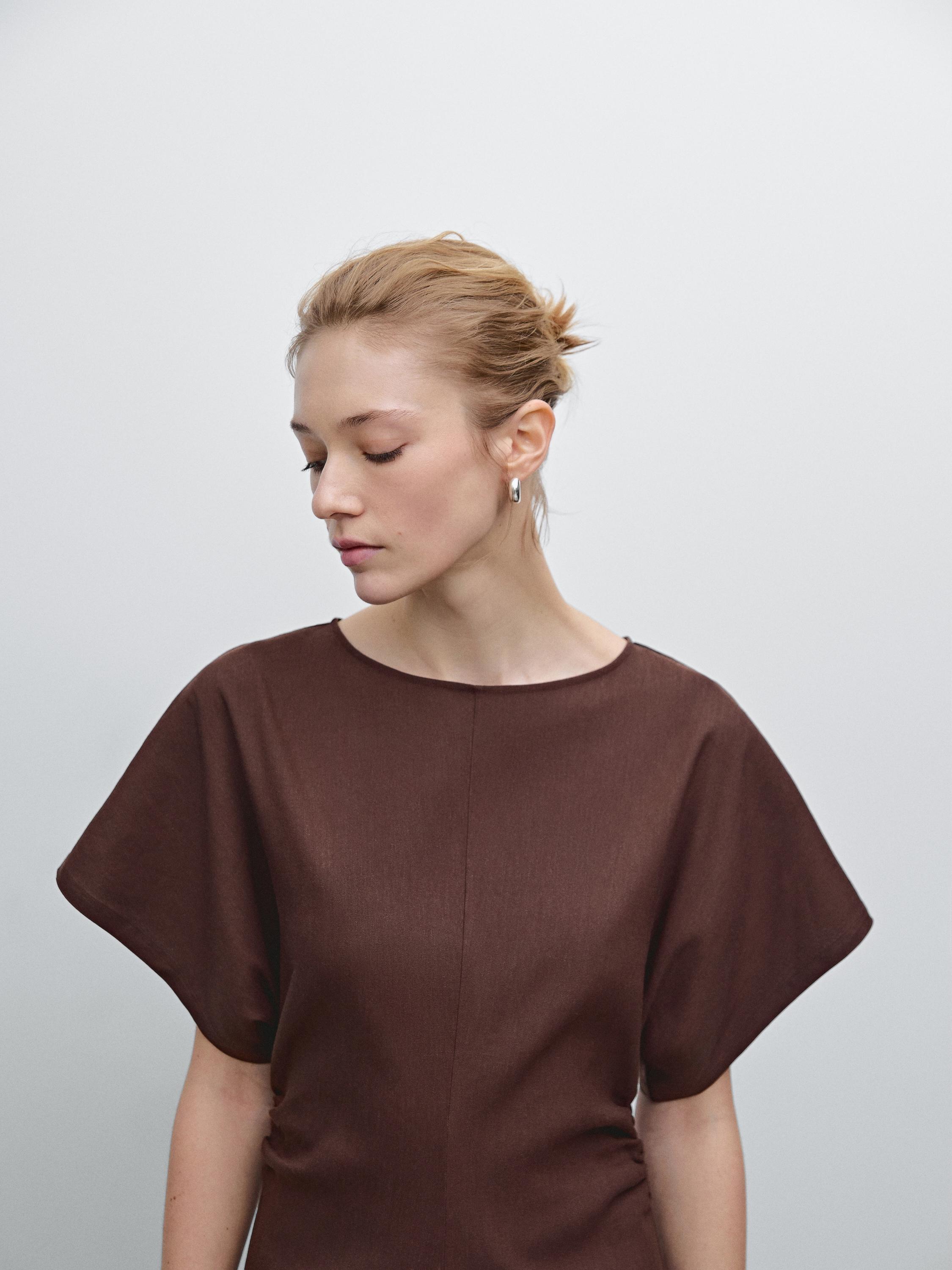Gathered linen blend midi dress