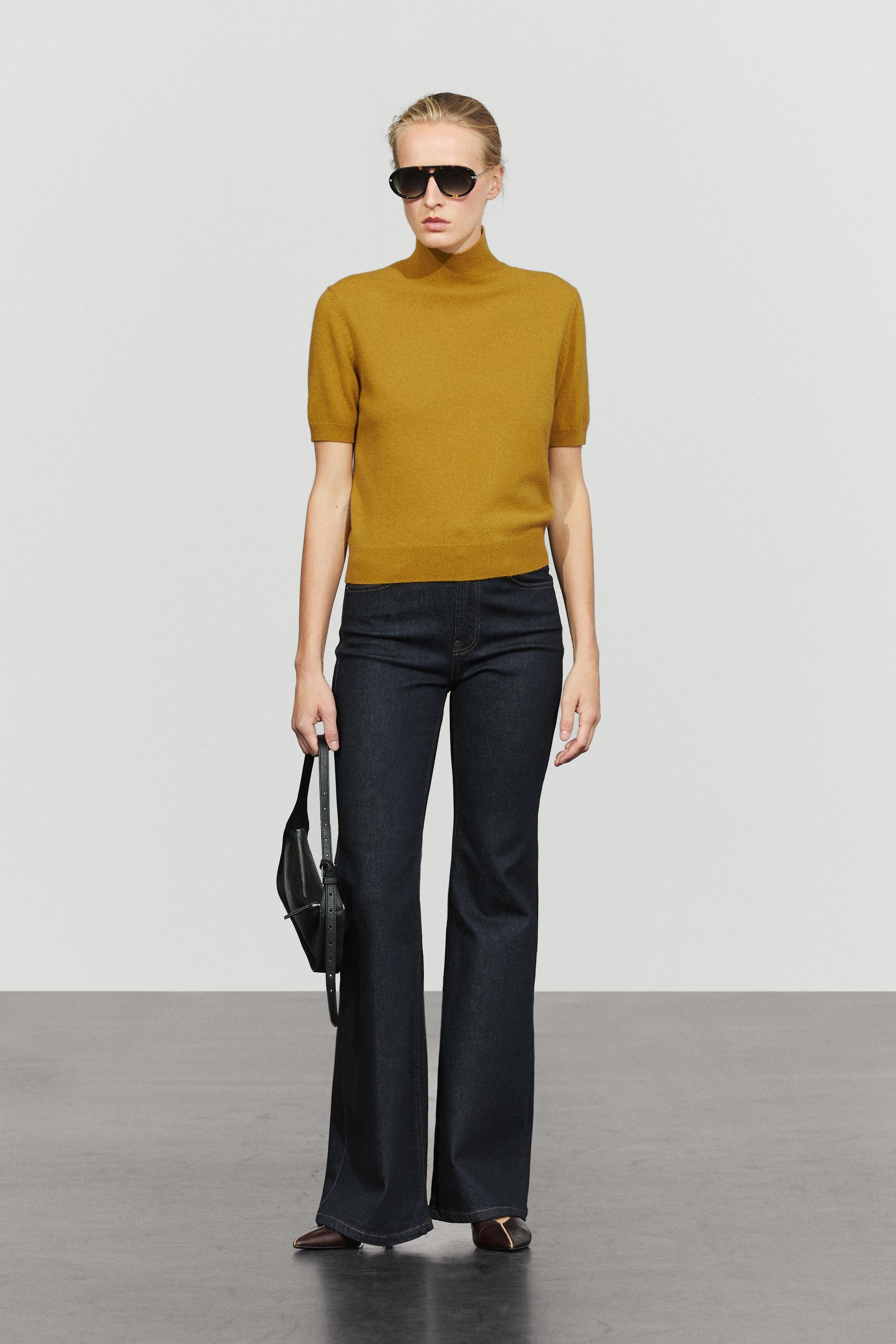 Wool-cashmere blend short sleeve knit sweater — MUSTARD YELLOW