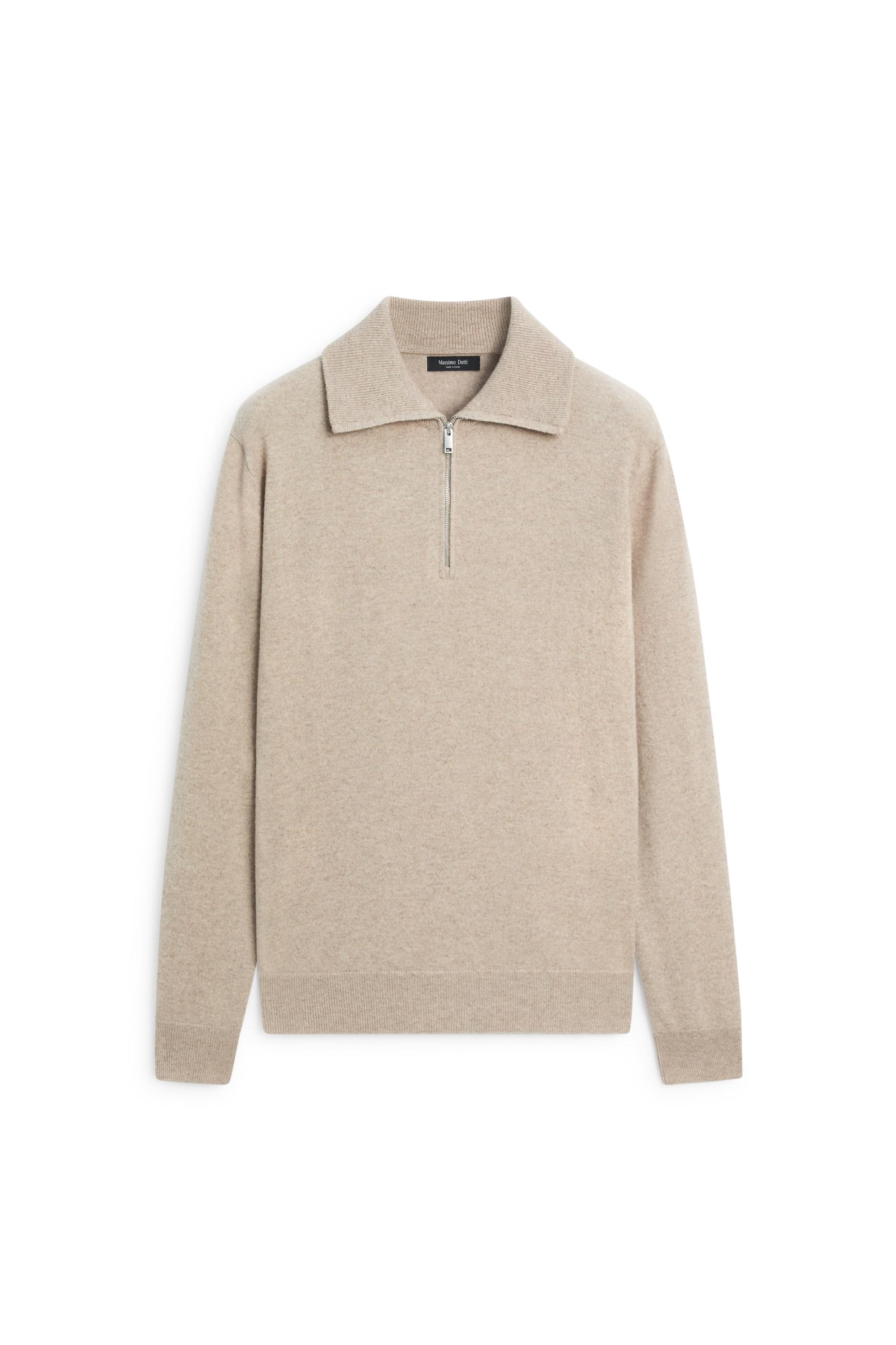 Mock neck zip-up knit sweater — Sand