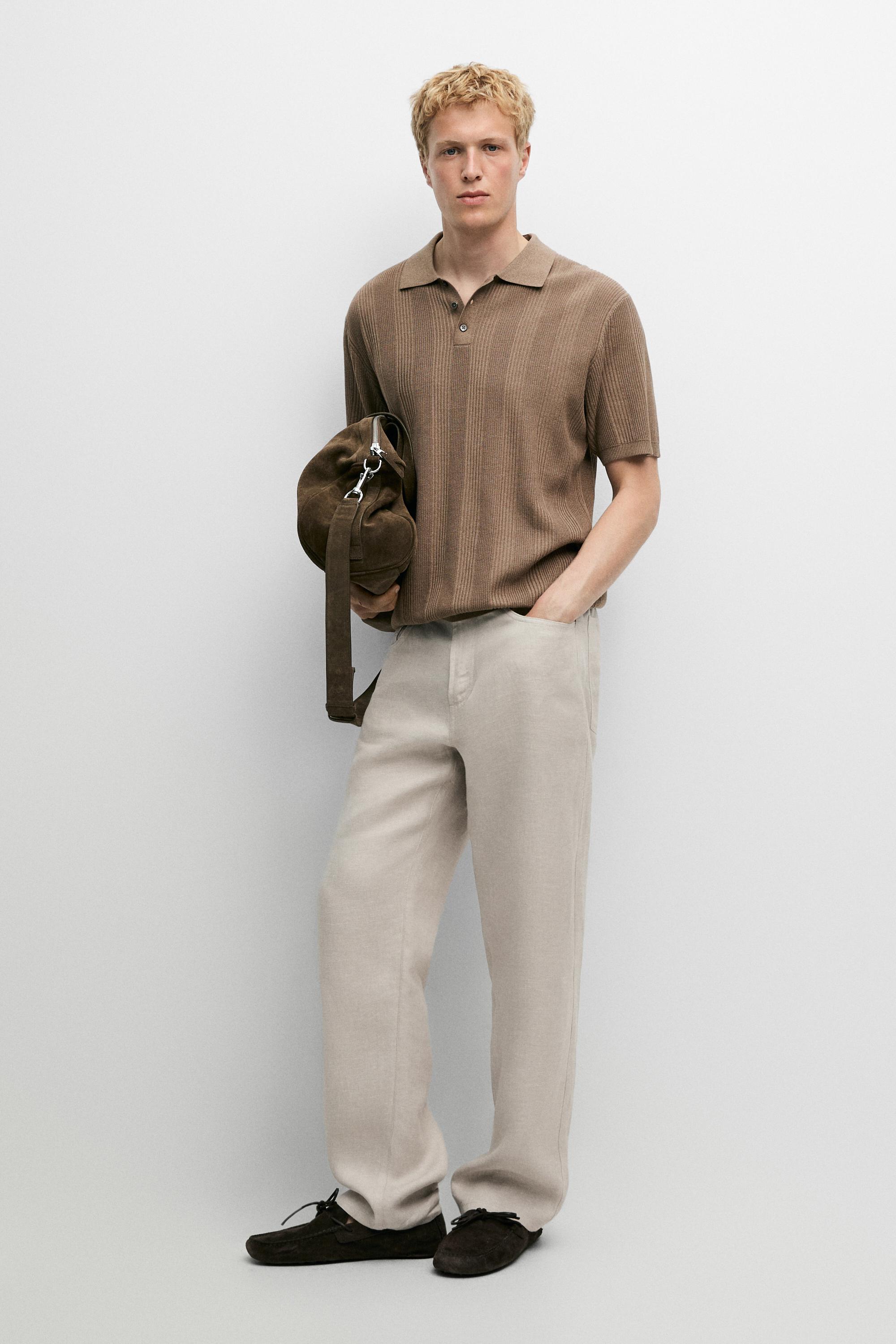 100% cotton textured striped knit polo shirt — PALE KHAKI
