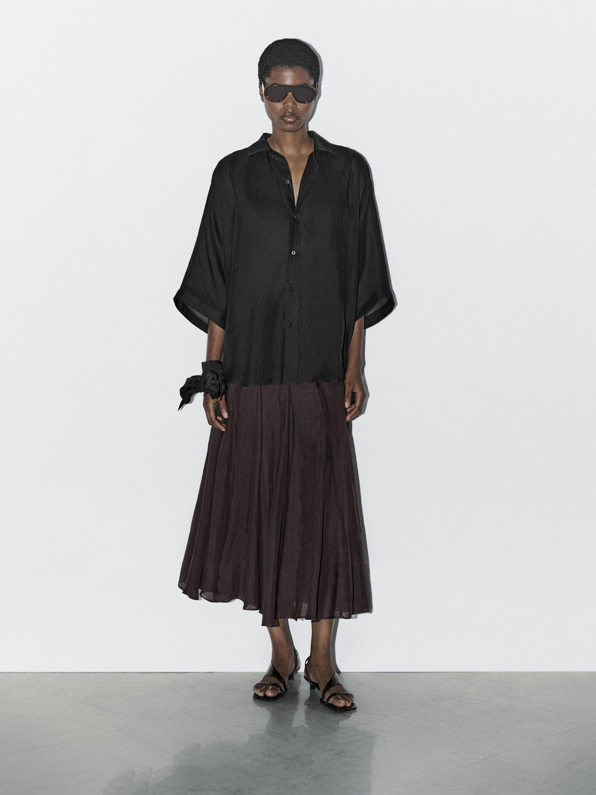 Chemisier À Manches Chauve-Souris 100 % Ramie - Studio - Noir - S - Massimo Dutti - Femme