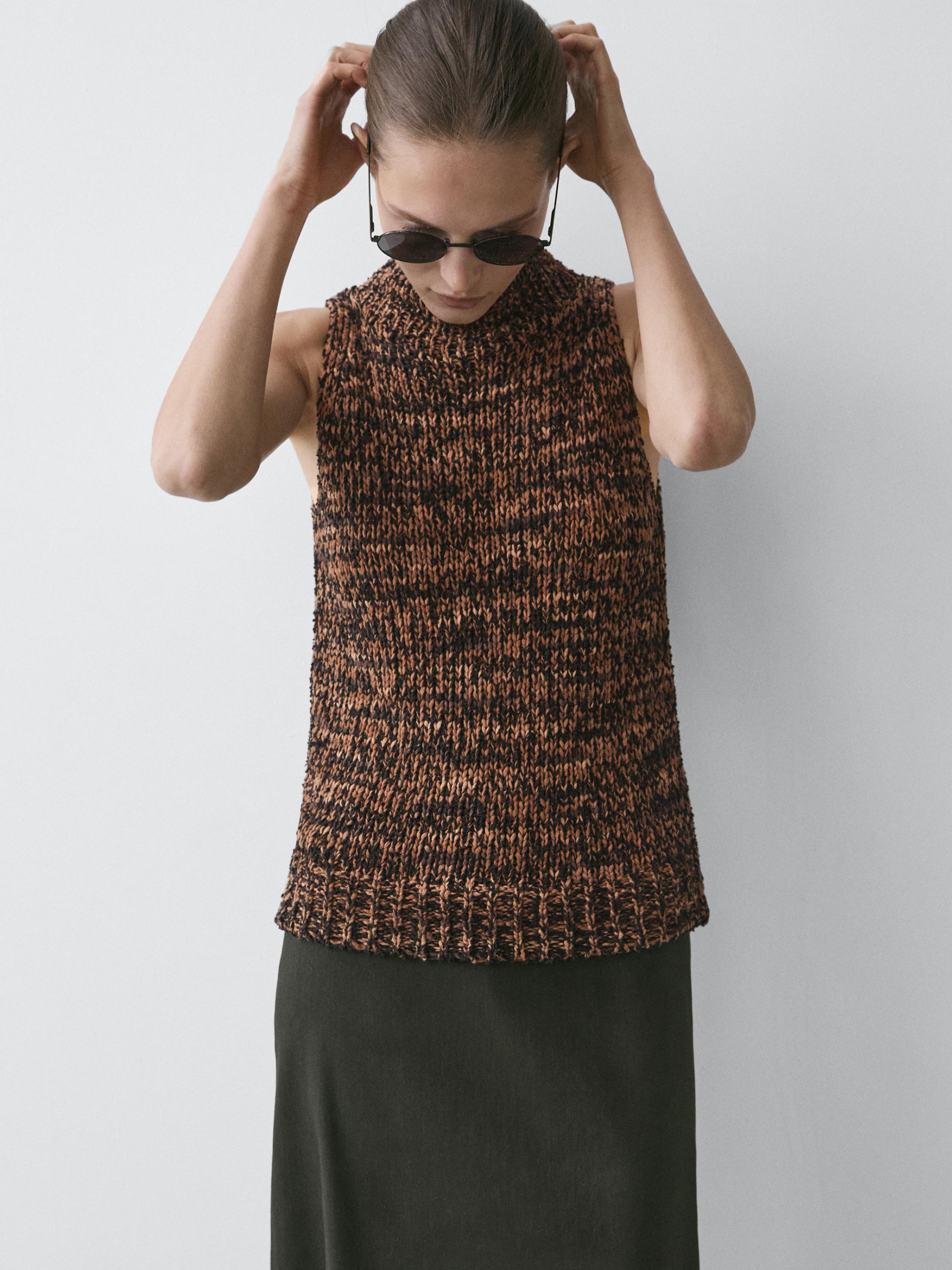 Flecked knit halter top — BROWN