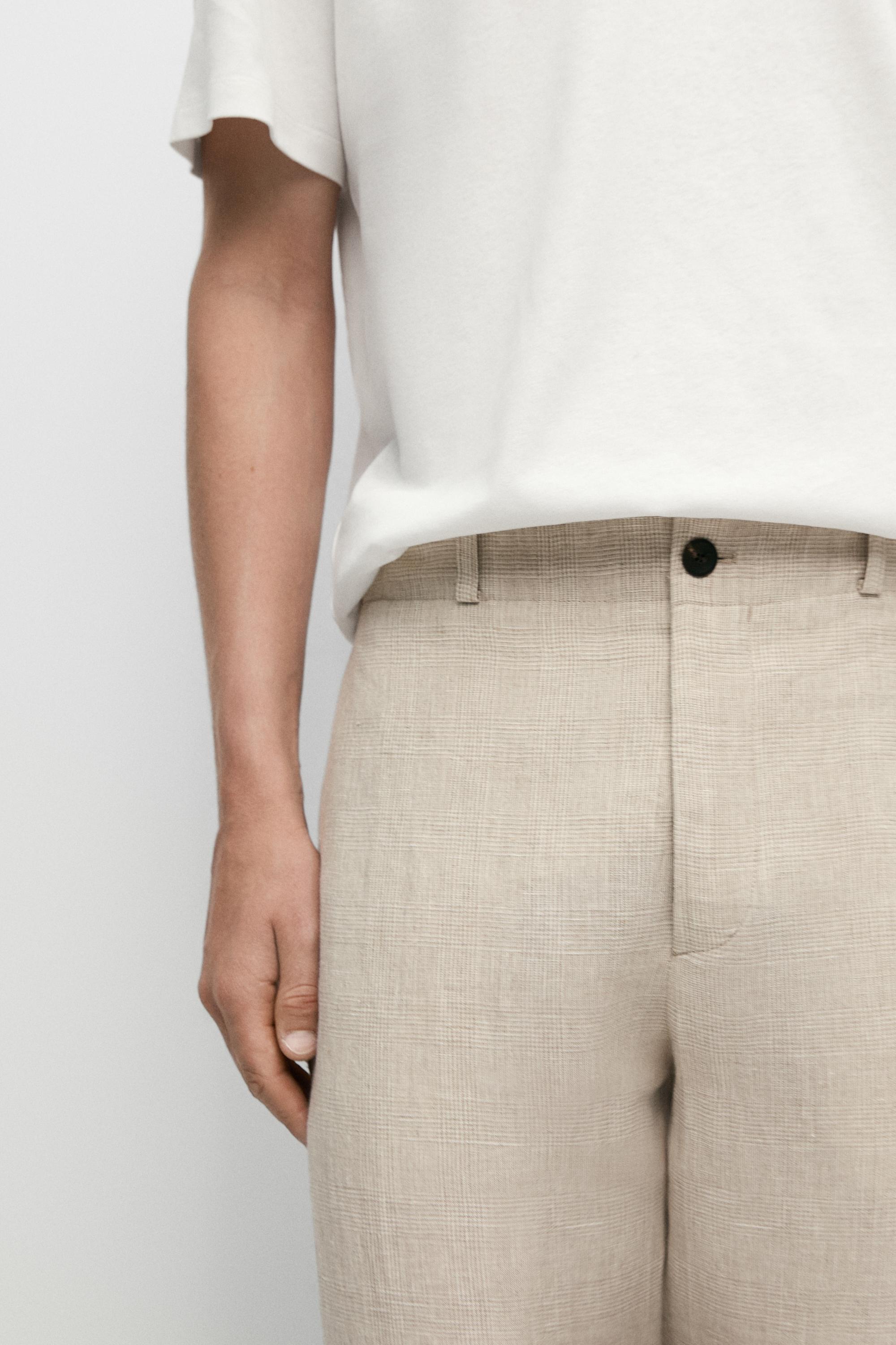 100% linen check pants — CREAM