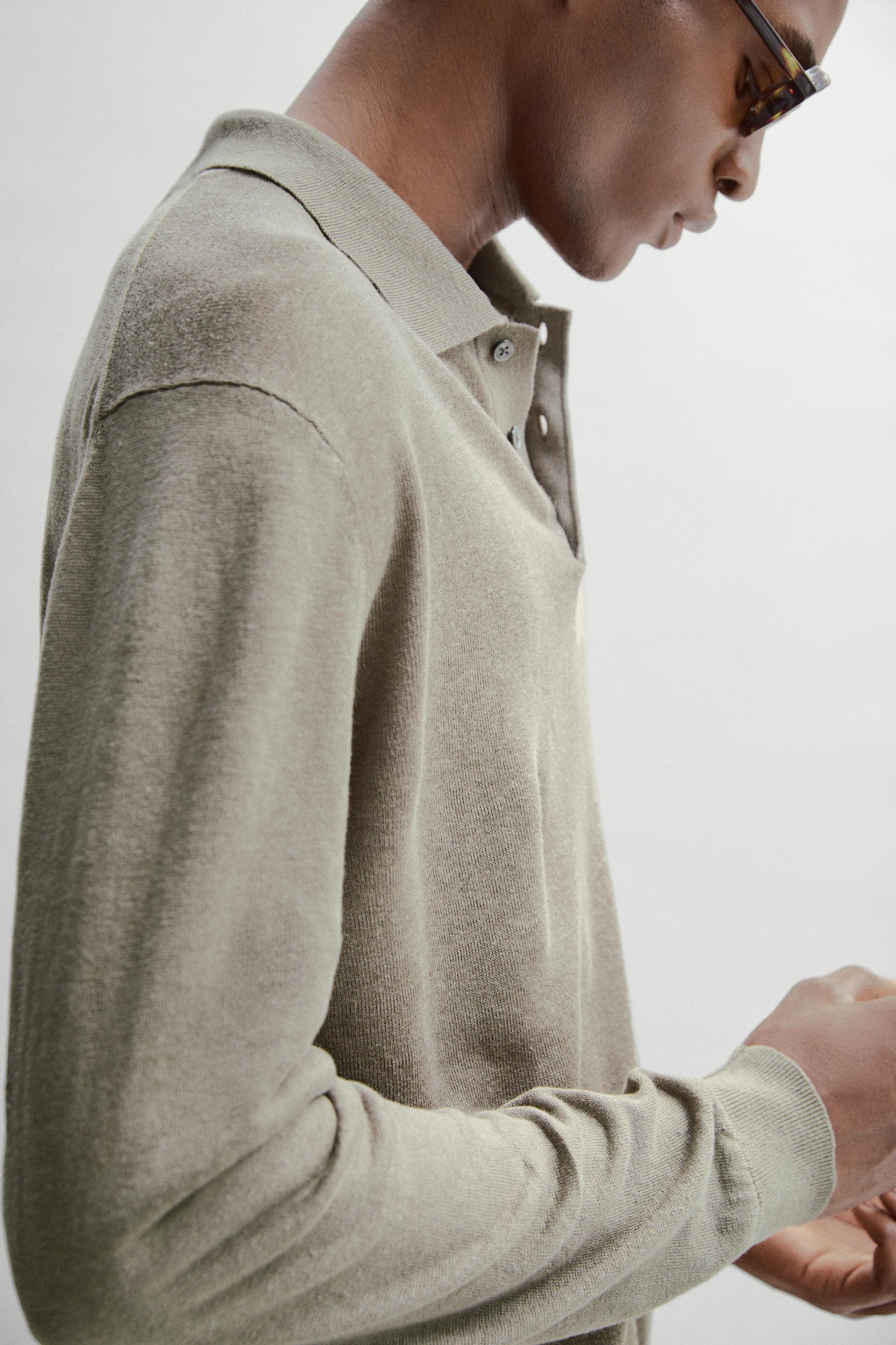100% linen knit polo collar sweater — PALE KHAKI