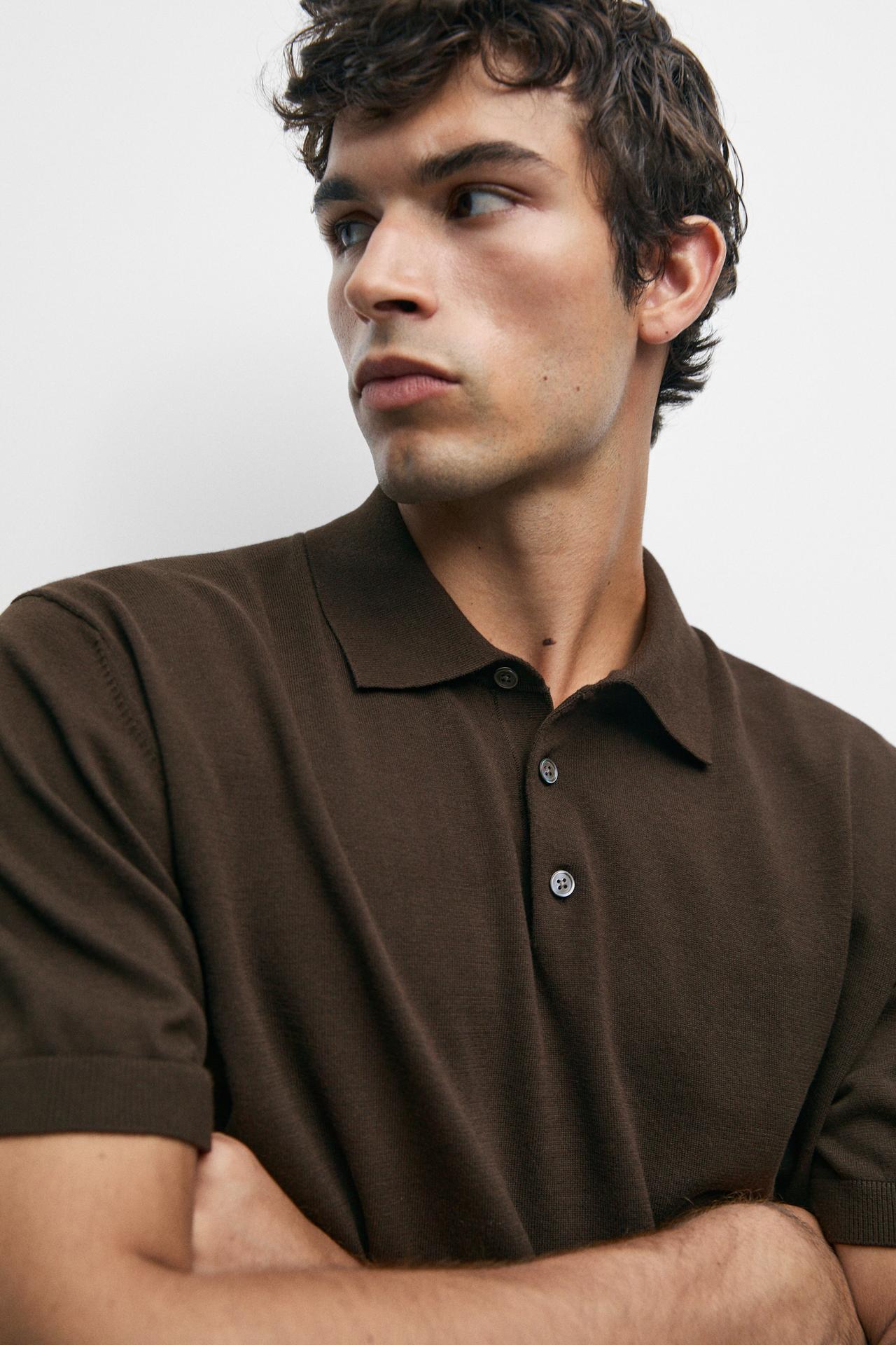 100% cotton knit polo sweater — BROWN MARL