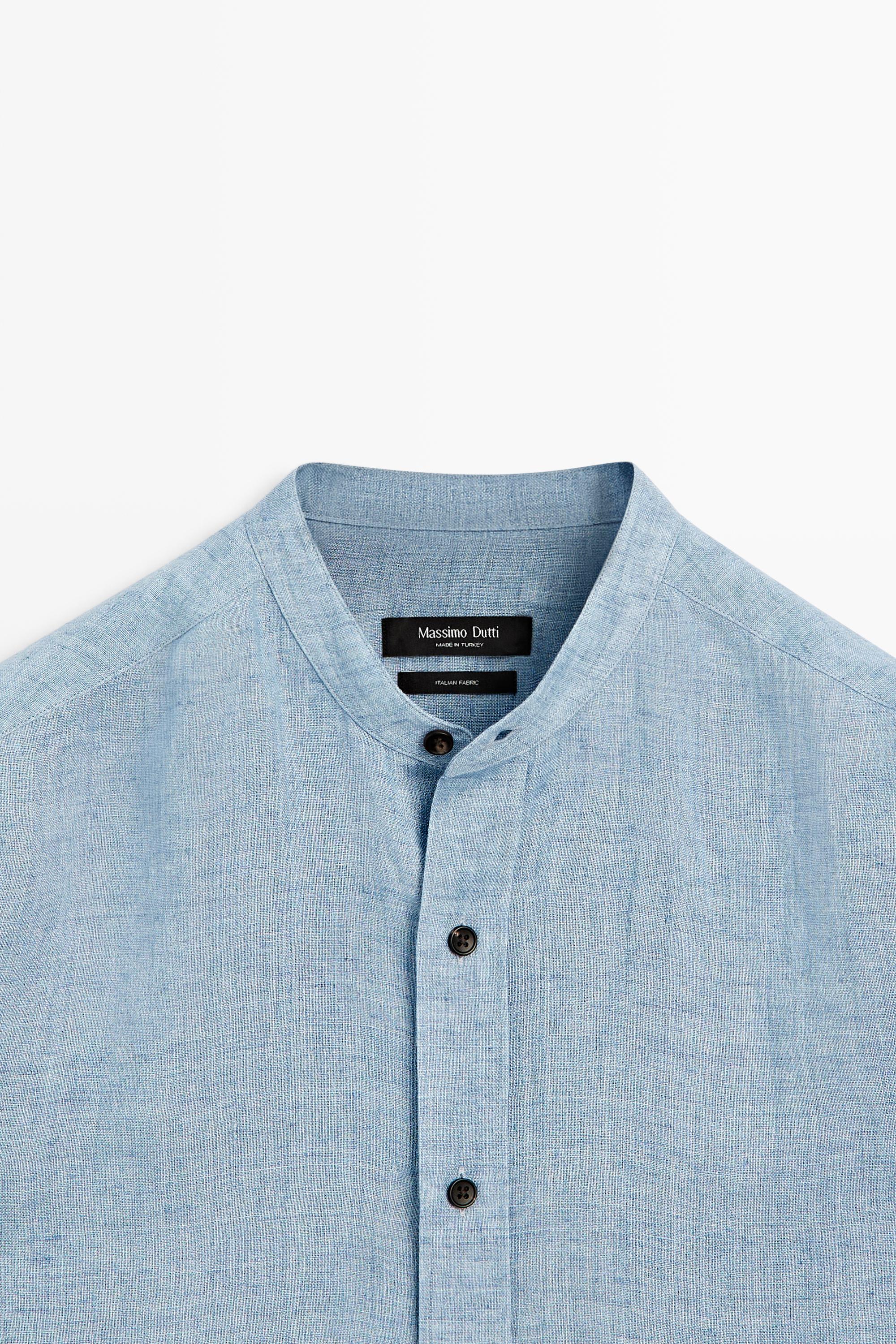 Regular fit contrast button 100% linen shirt — BLUE