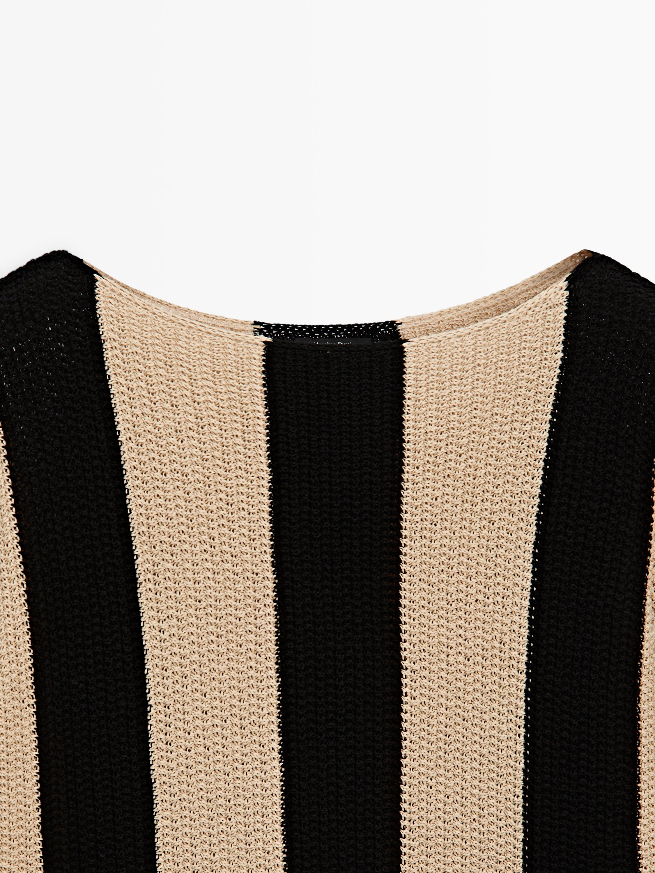 Striped cotton blend knit sweater — BLACK
