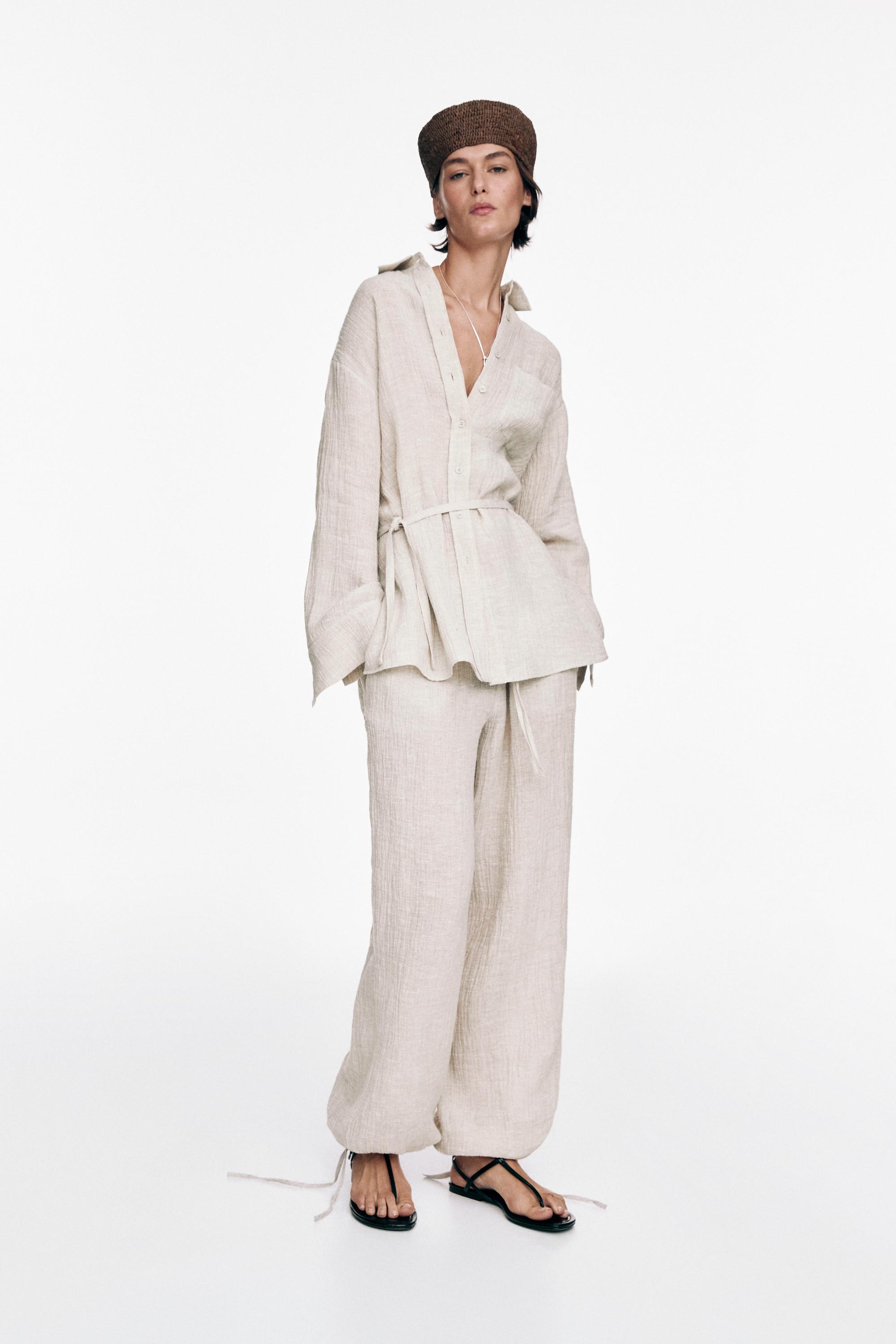 100% linen waffle-knit sarouel trousers — SAND