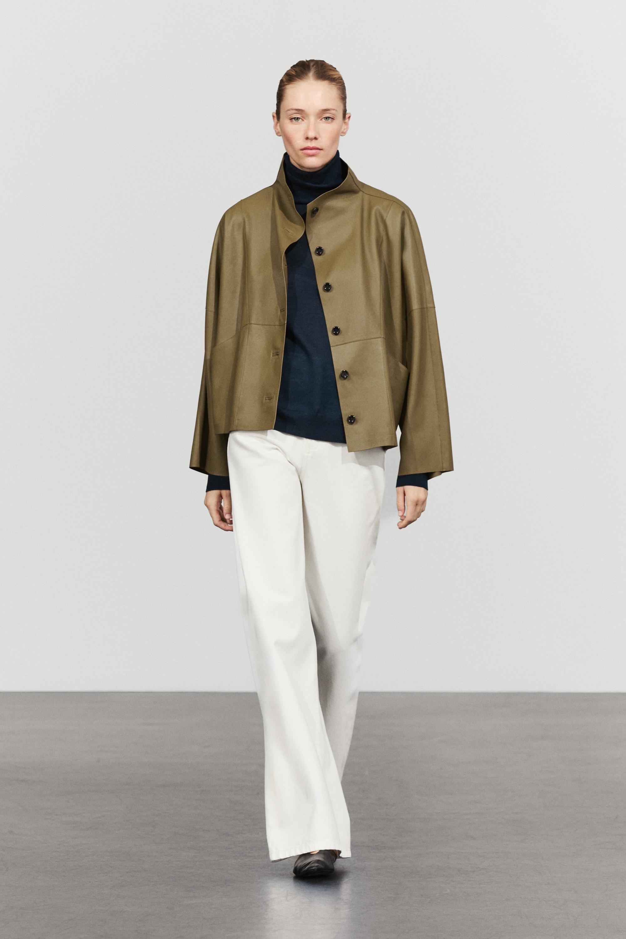 Stand collar nappa leather cropped jacket