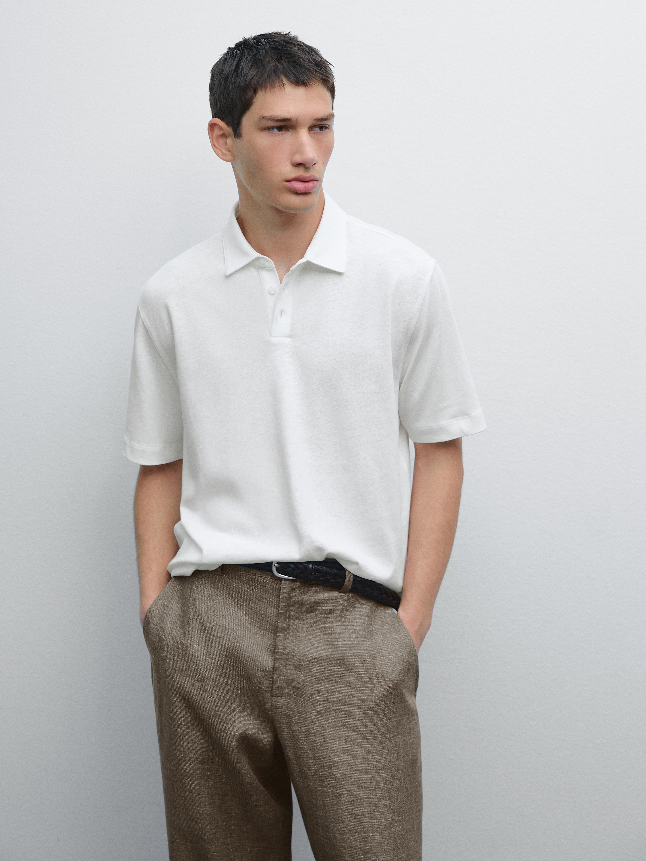 Short sleeve linen blend polo shirt
