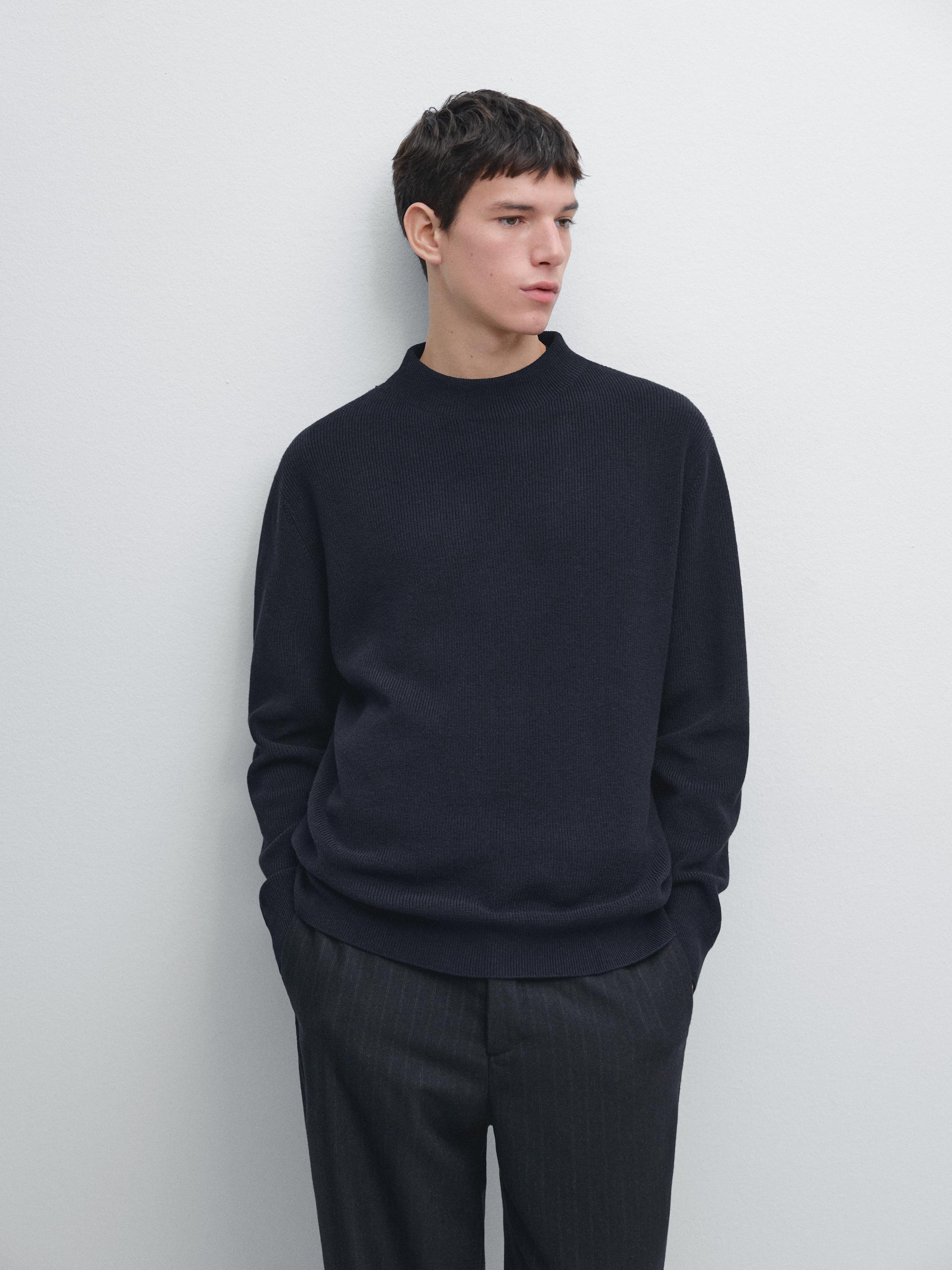 Cotton blend knit sweater with mock turtleneck — NAVY BLUE