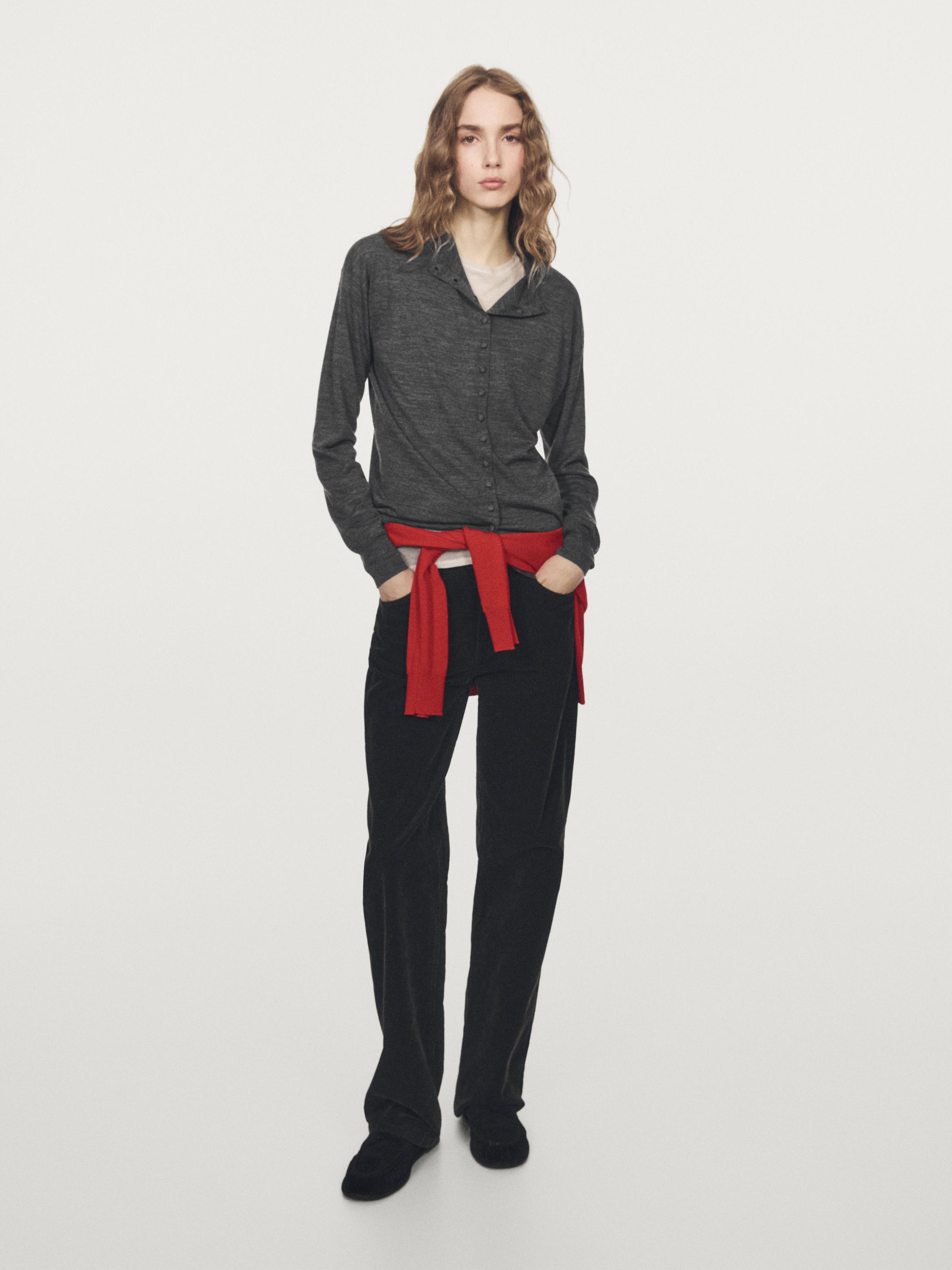 Mock turtleneck cardigan with covered buttons — MEDIUM GREY