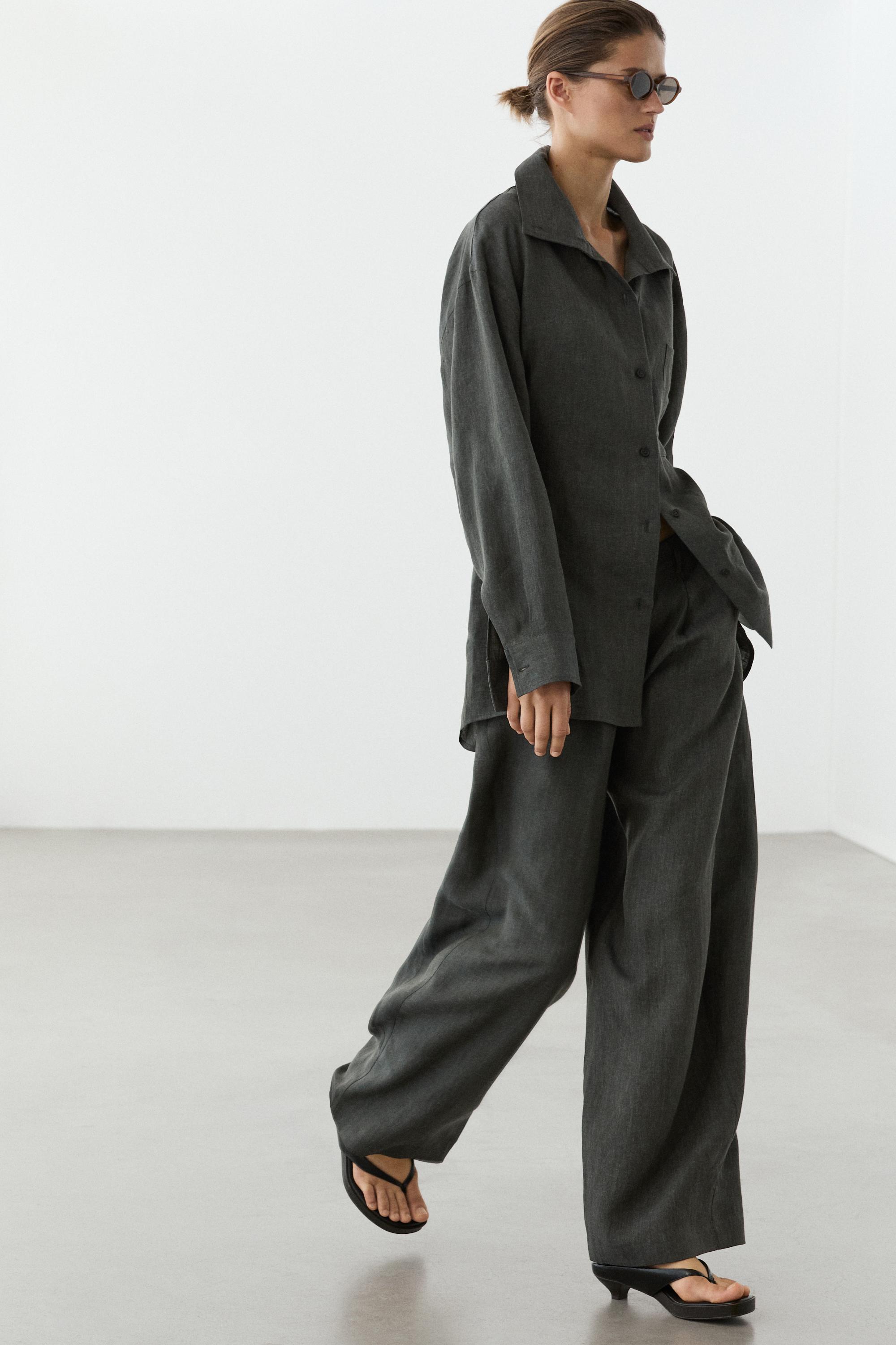 Melange linen overshirt with buckles — BLUISH GREEN