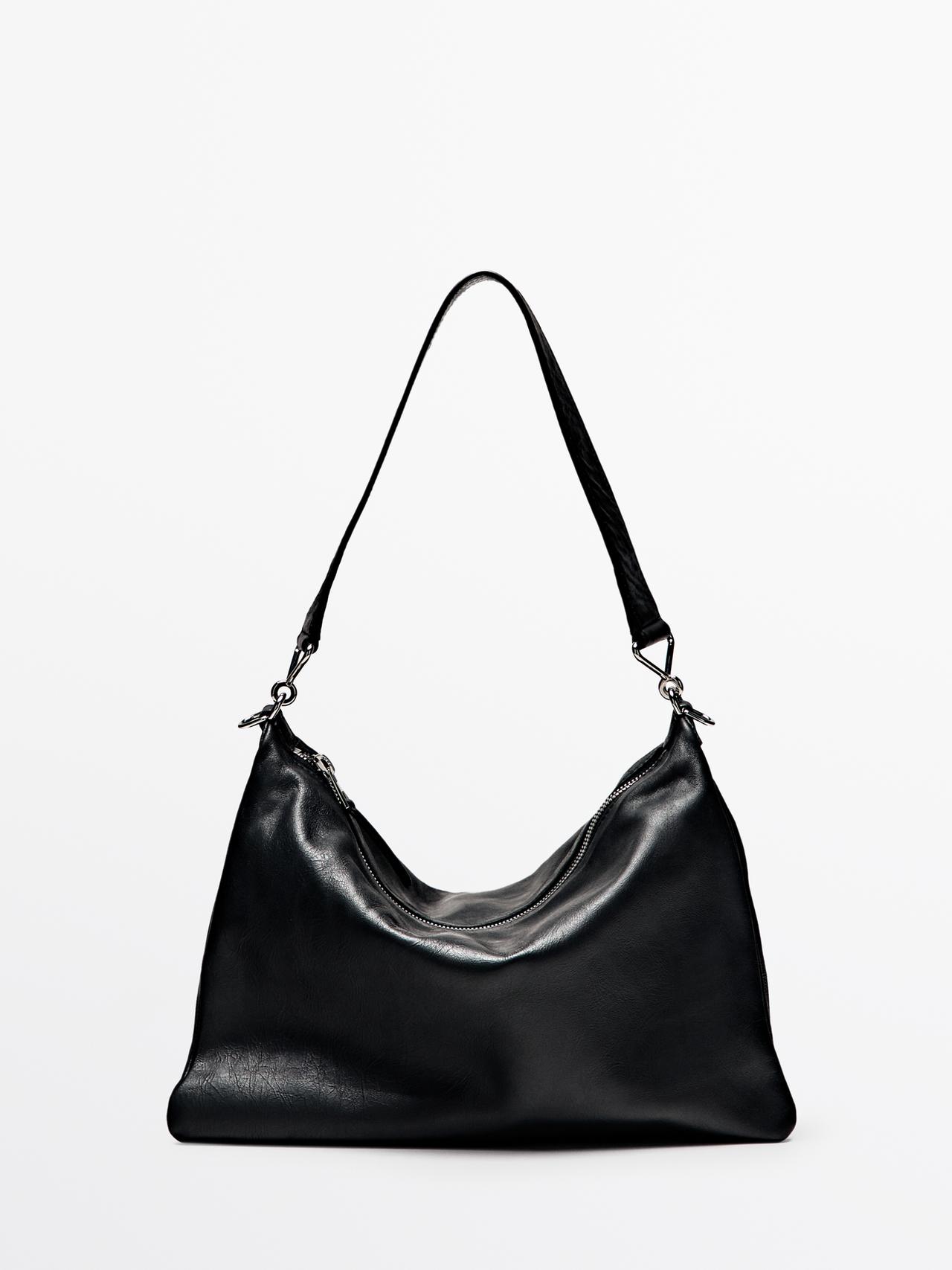 Massimo Dutti - Dames - Grote Nappaleren Tas Met Compartimenten - Zwart - 01