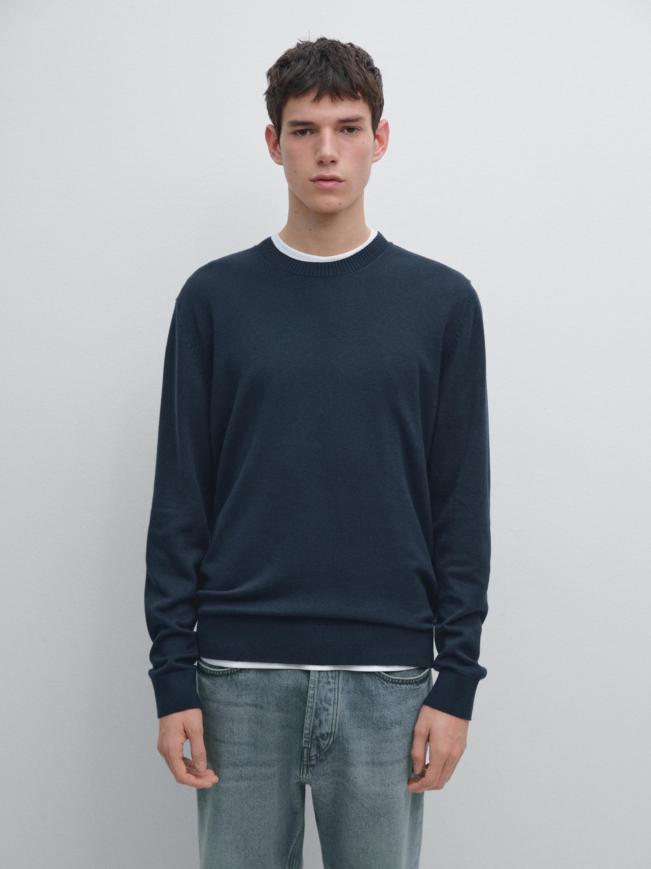 Knit cotton and wool sweater with crew neck — Dark blue