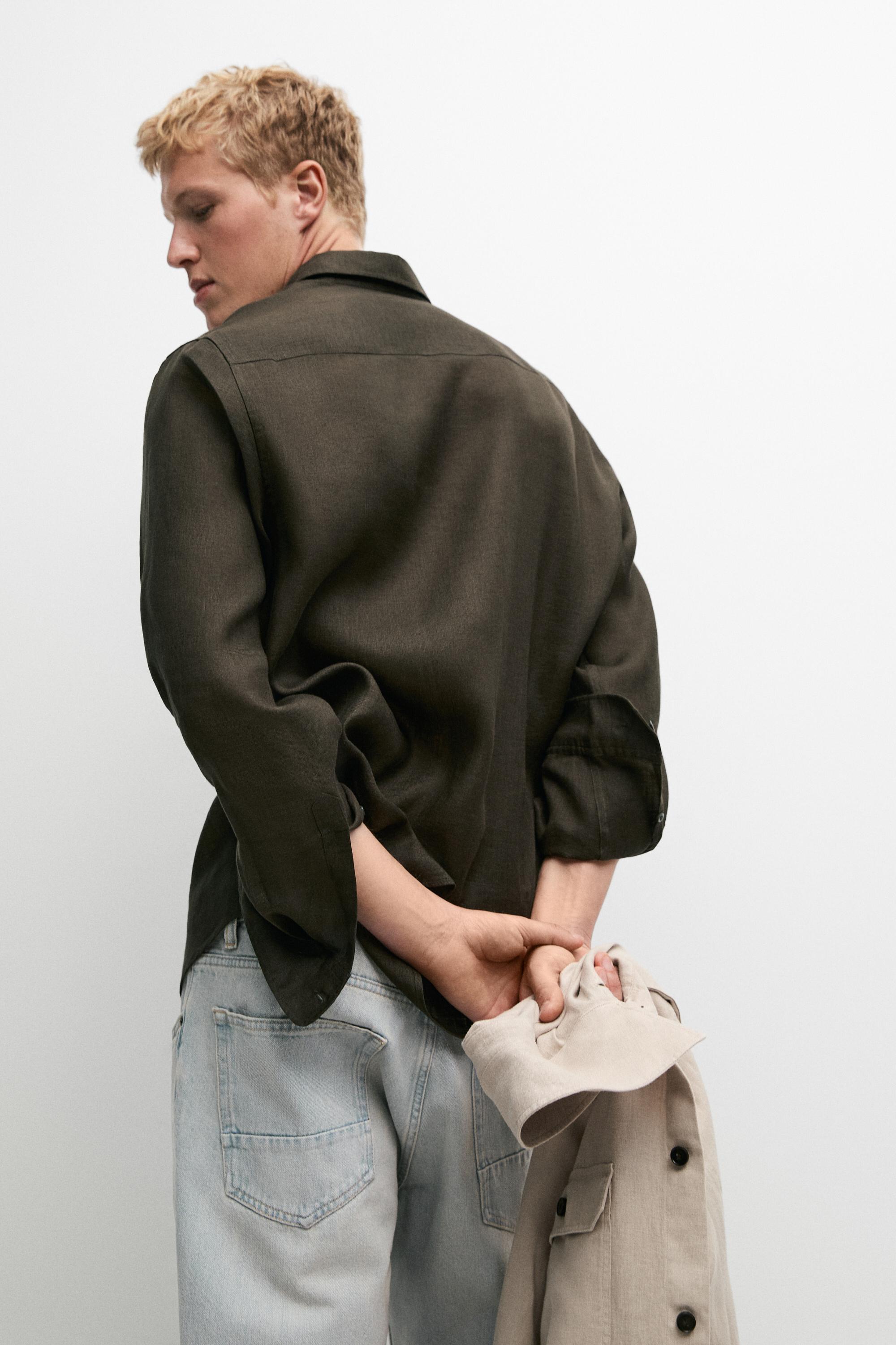 Regular fit 100% linen shirt — DARK GREEN