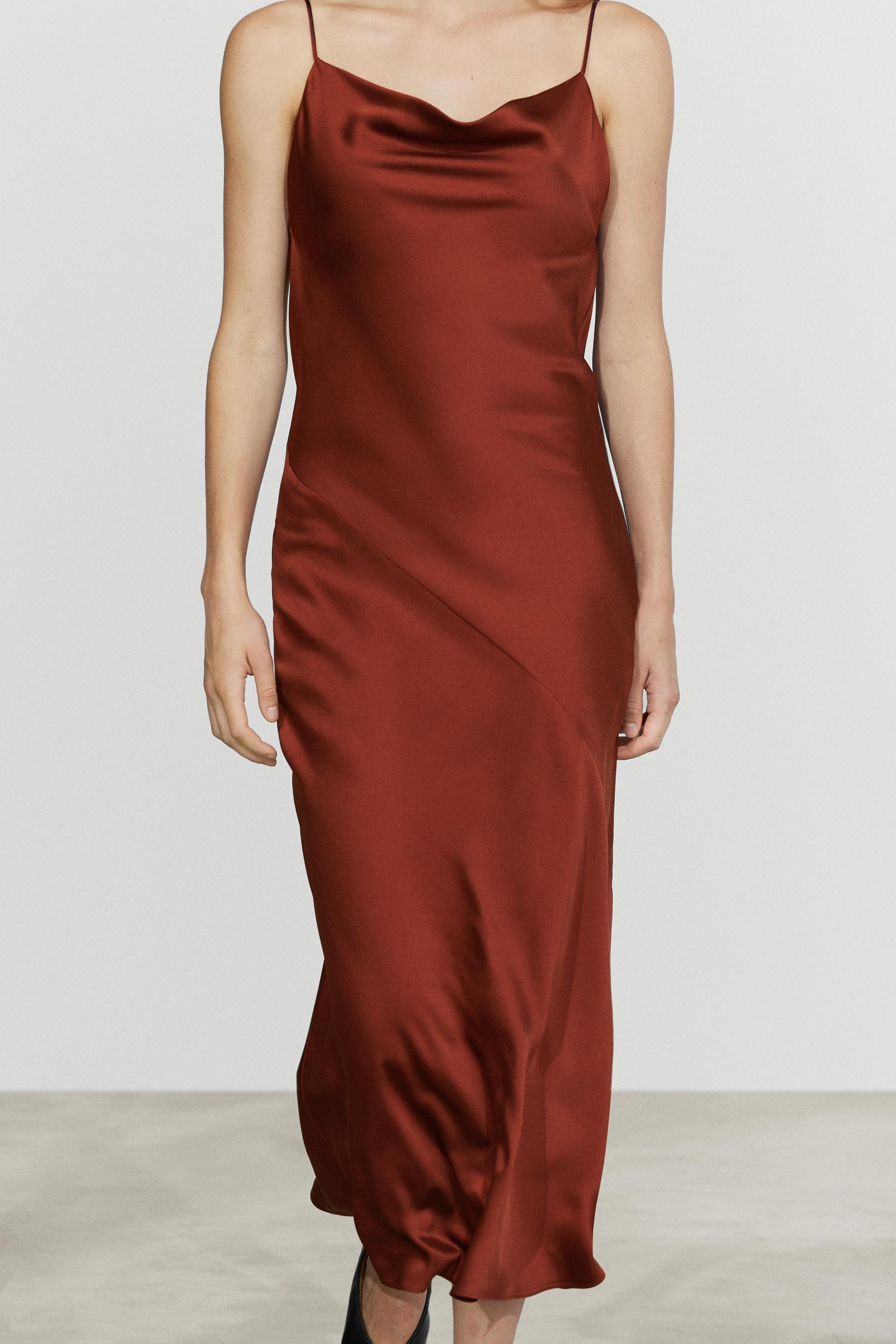 Flowing satin finish midi dress — BURNT ORANGE