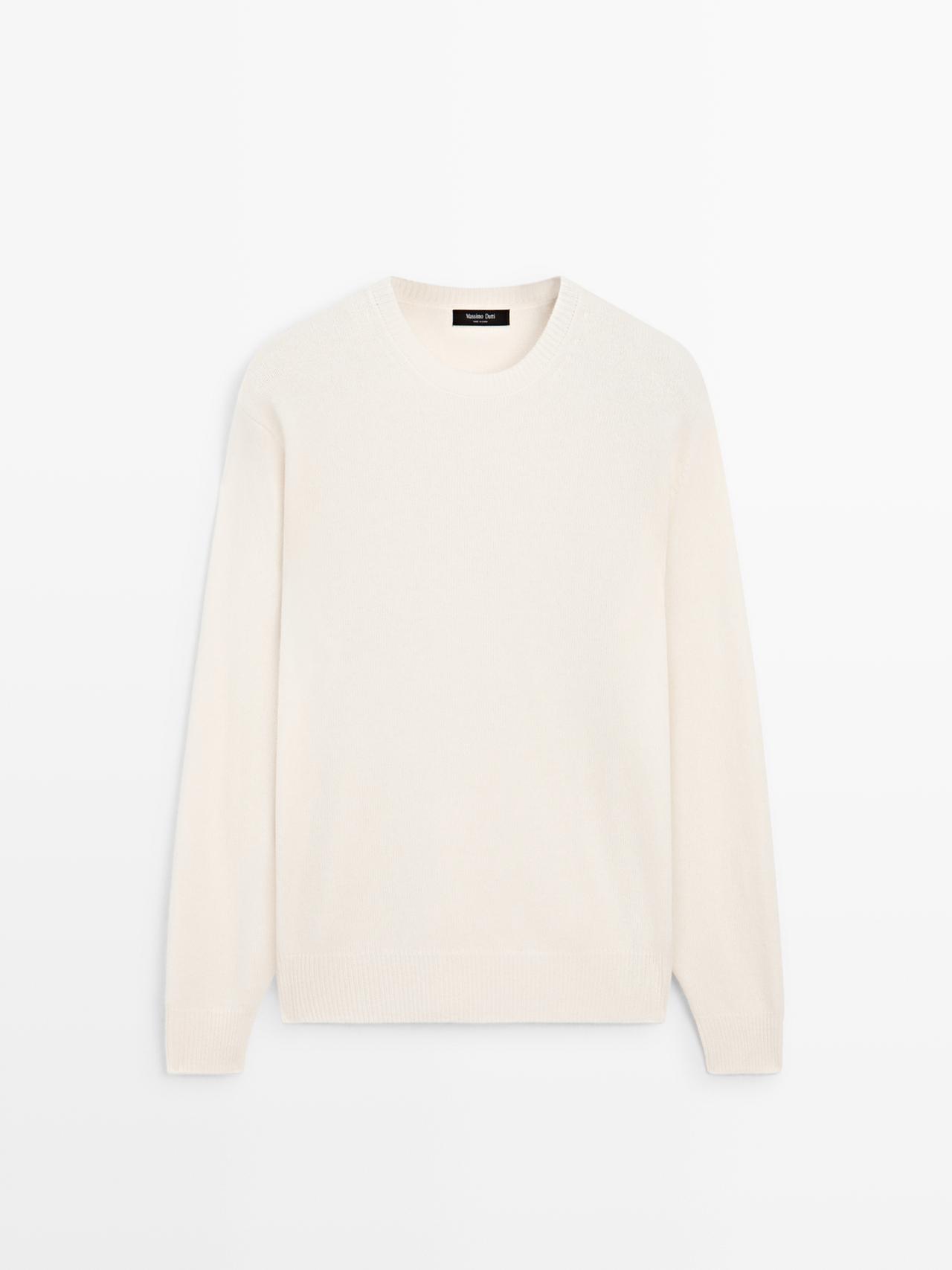 Massimo Dutti - Herre - Striktrøje I Uldblanding Med Rund Hals - Råhvid - L