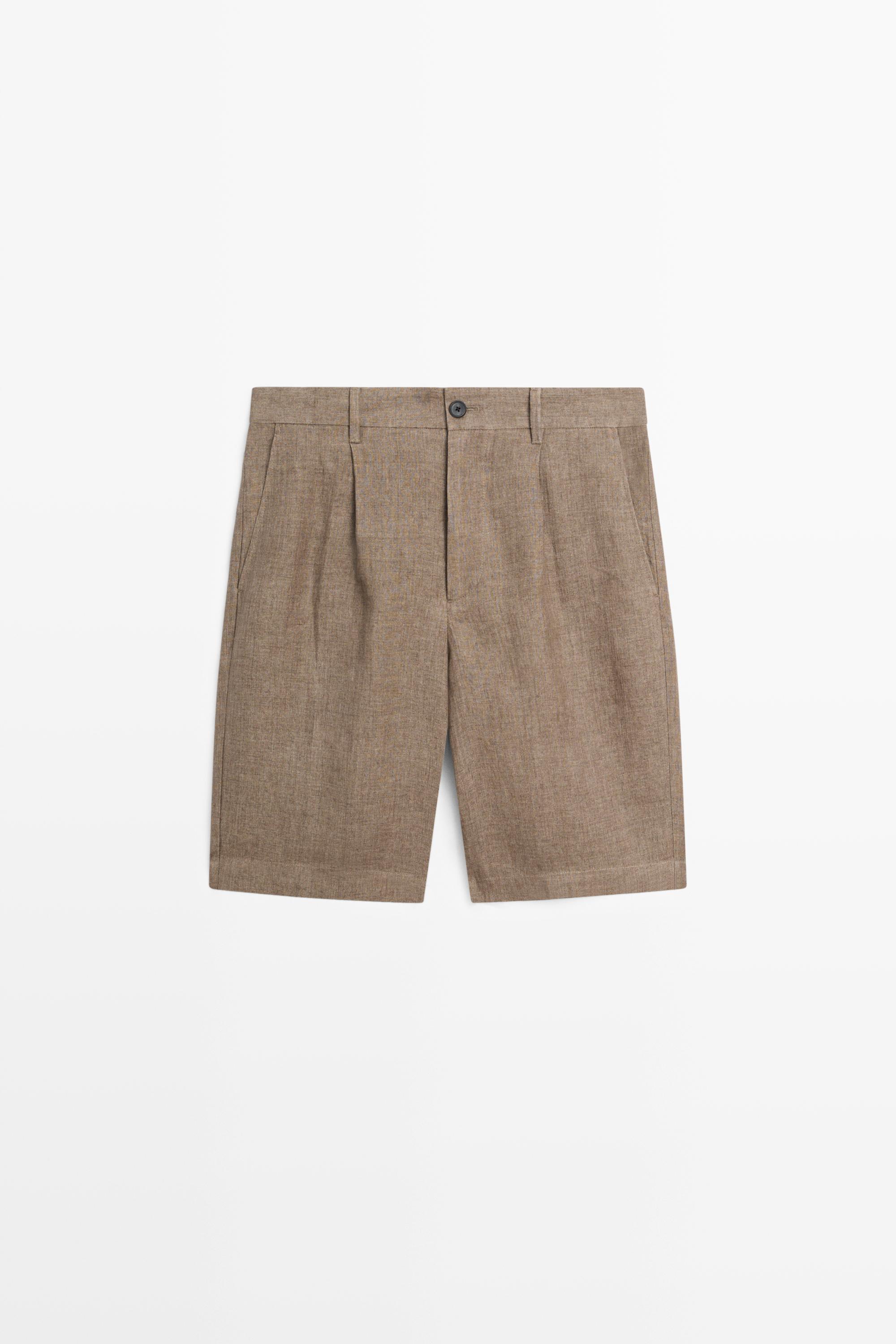 100% linen darted Bermuda shorts — Faded khaki