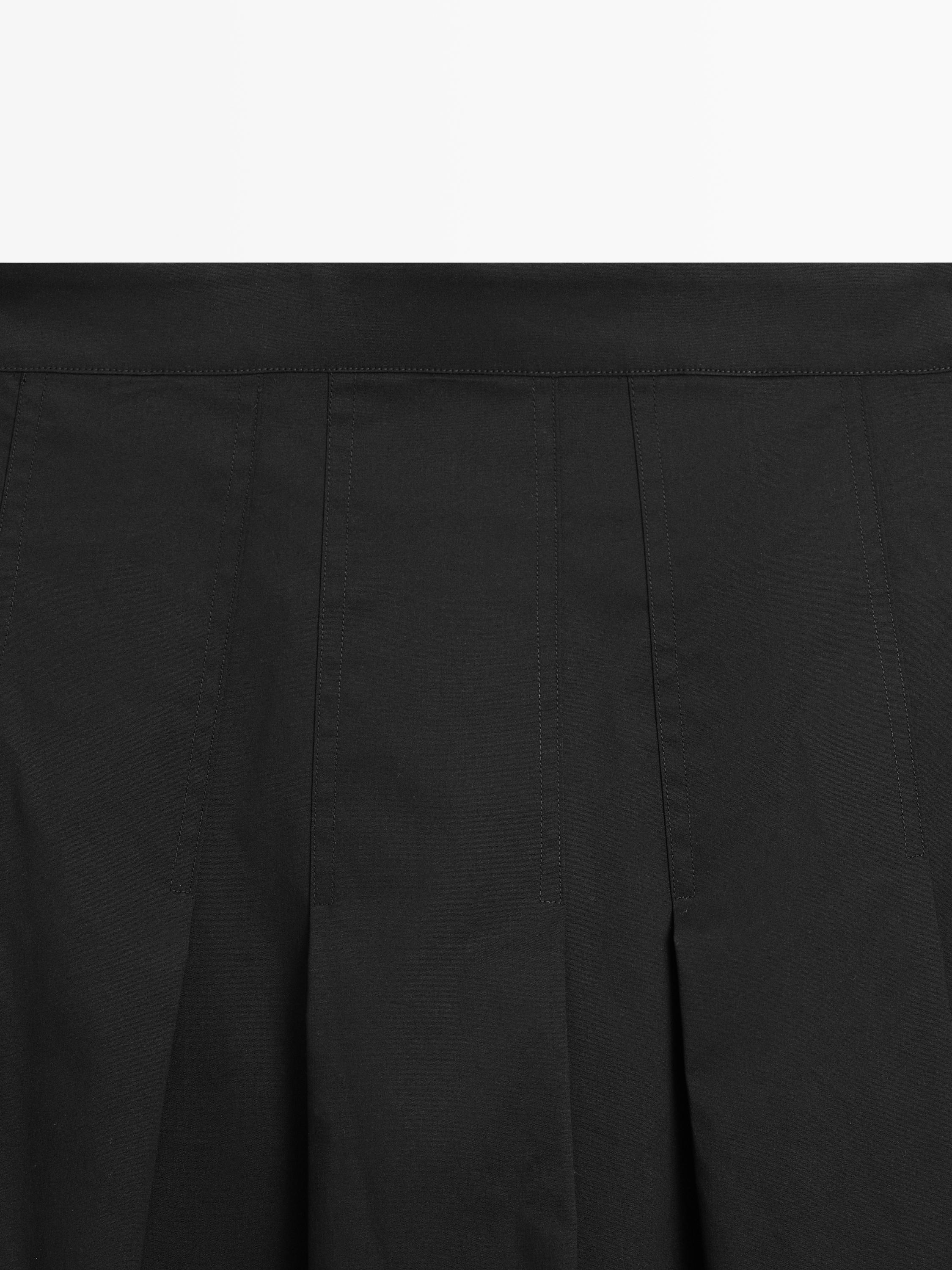 Cotton blend box pleat midi skirt — BLACK