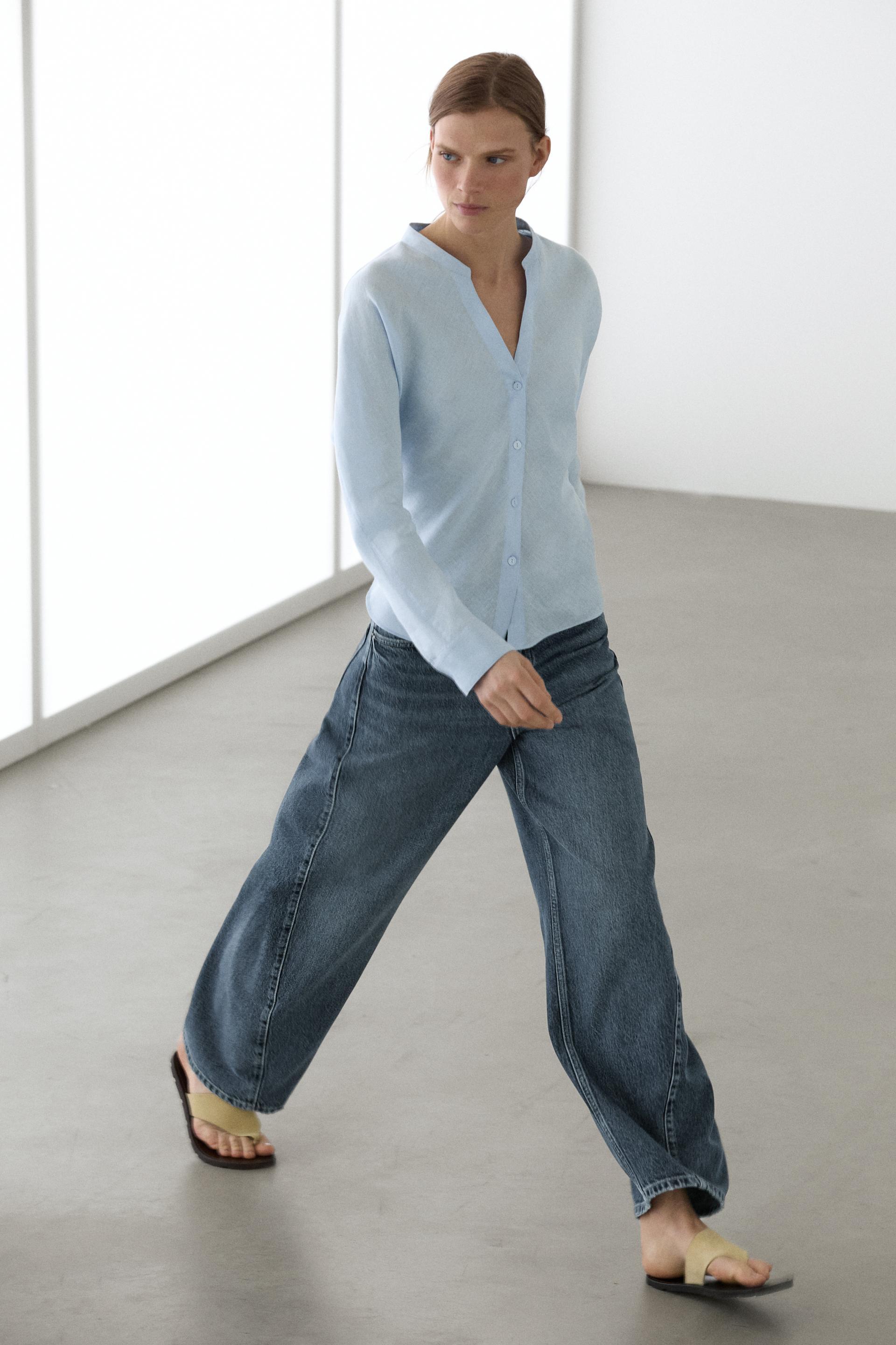 Chemise Col Officier 100 % Lin - Celeste - M - Massimo Dutti - Femme