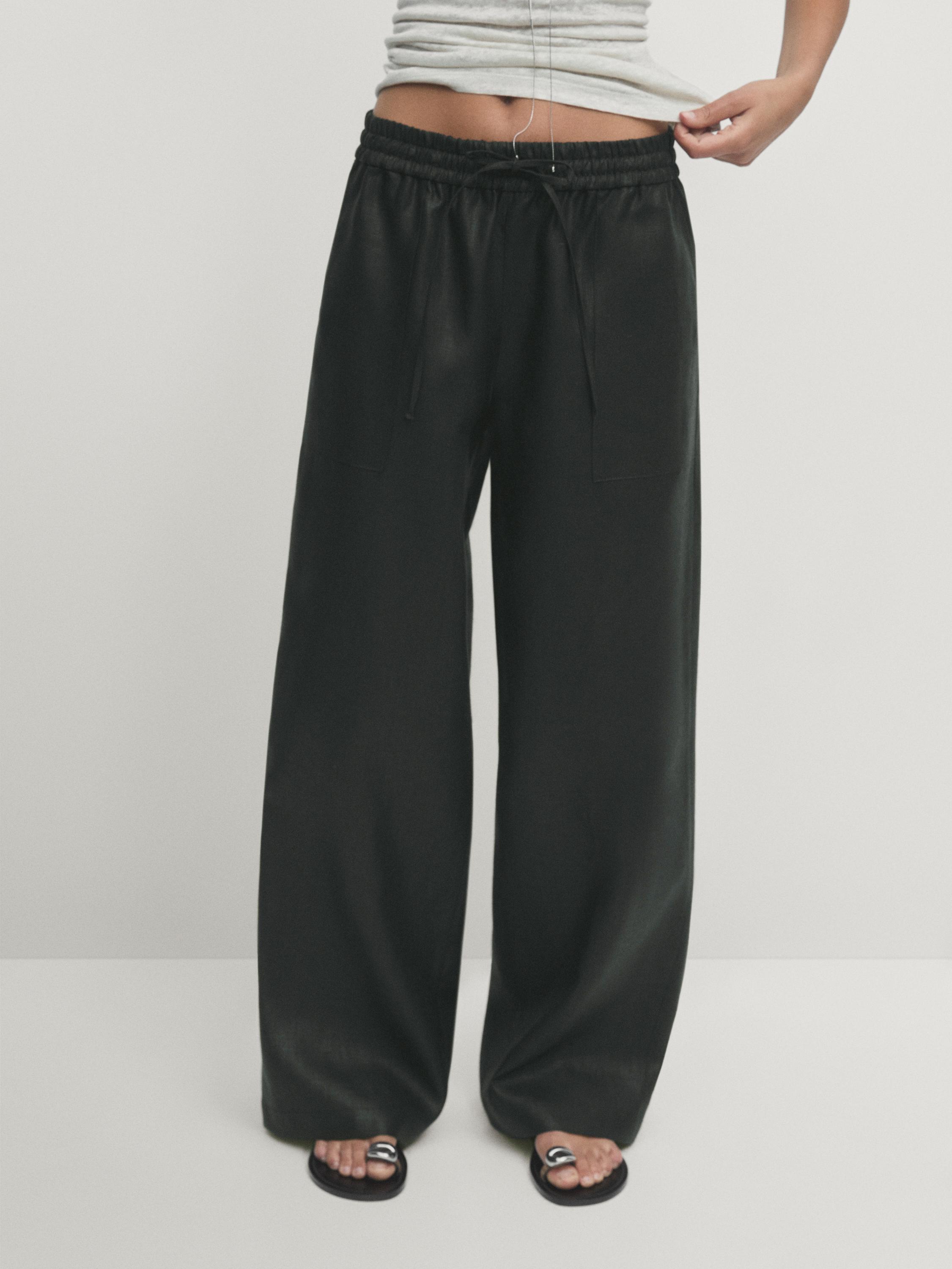 Waxed 100% linen wide-leg jogger trousers